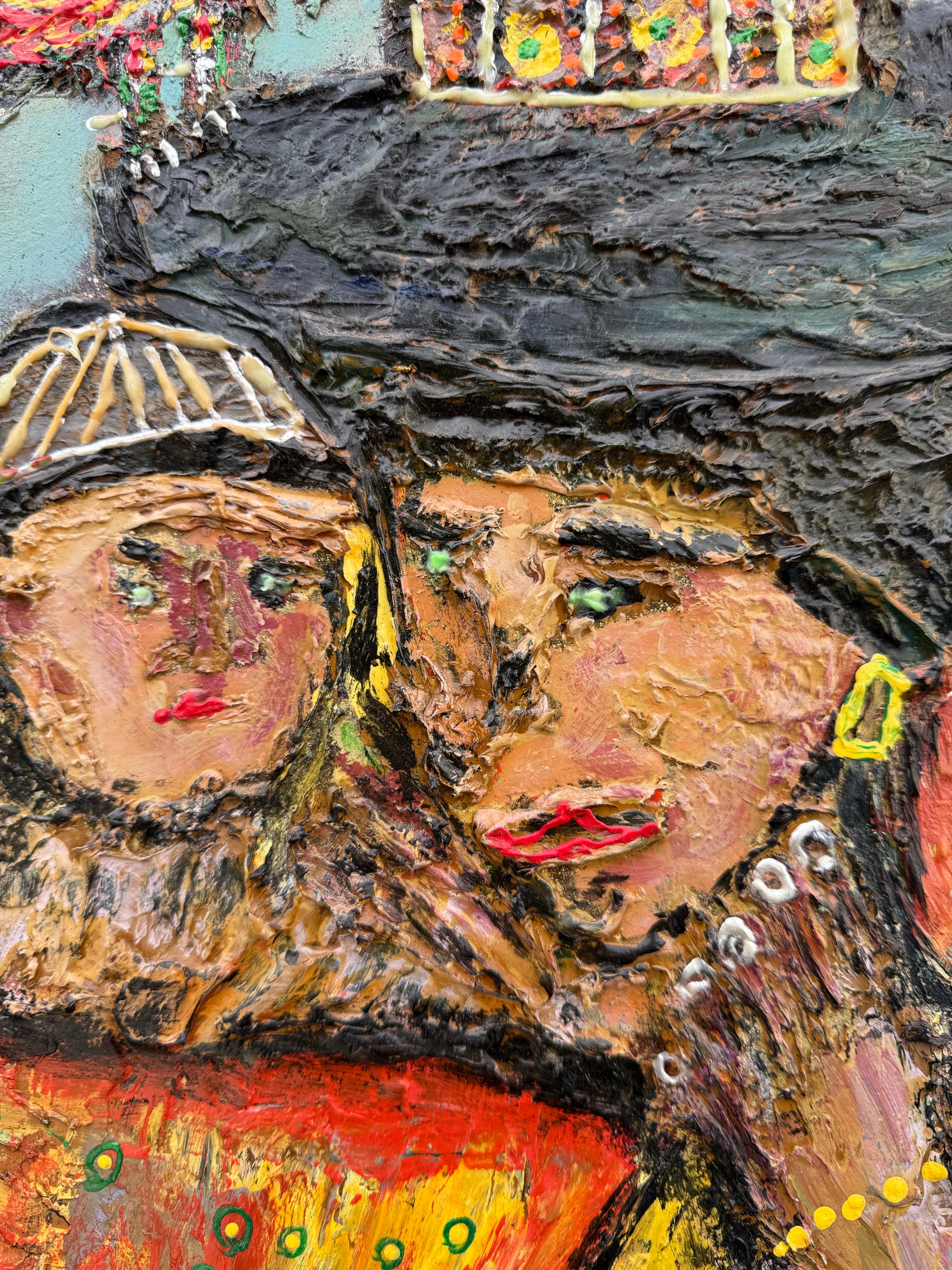 Peruvian 2003 Portrait of Mother With Child, Folk Art, Oil Painting on Board For Sale