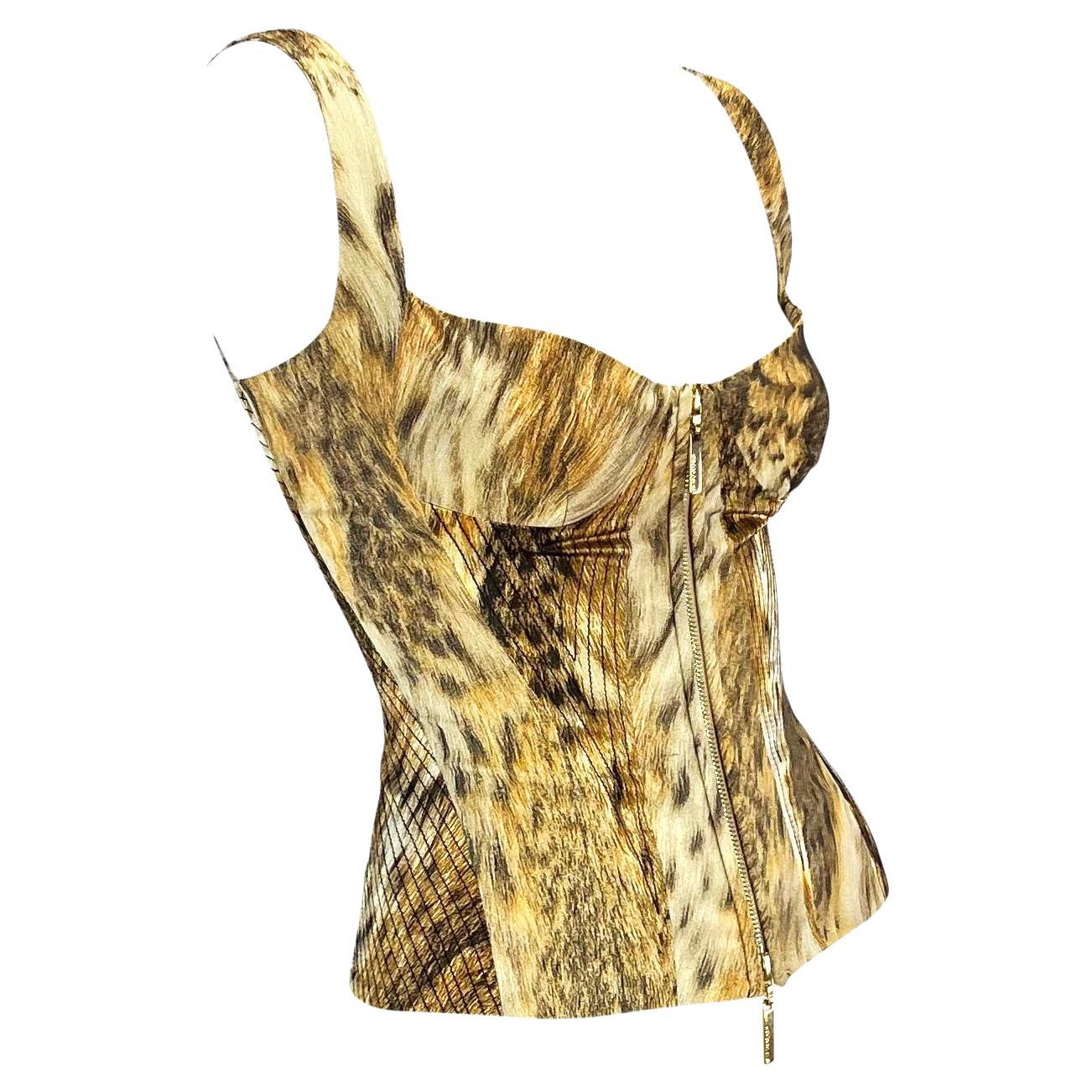 2003 Roberto Cavalli Animal Print Embroidered Silk Lace Up Bustier Corset Top