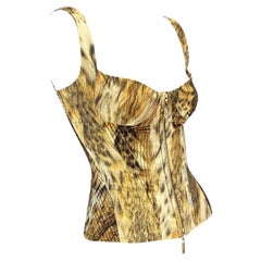 2003 Roberto Cavalli Animal Print Embroidered Silk Lace Up Bustier Corset Top