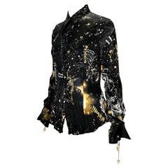2003 Roberto Cavalli Astrology Charm Print Black Wrinkled Silk Blouse