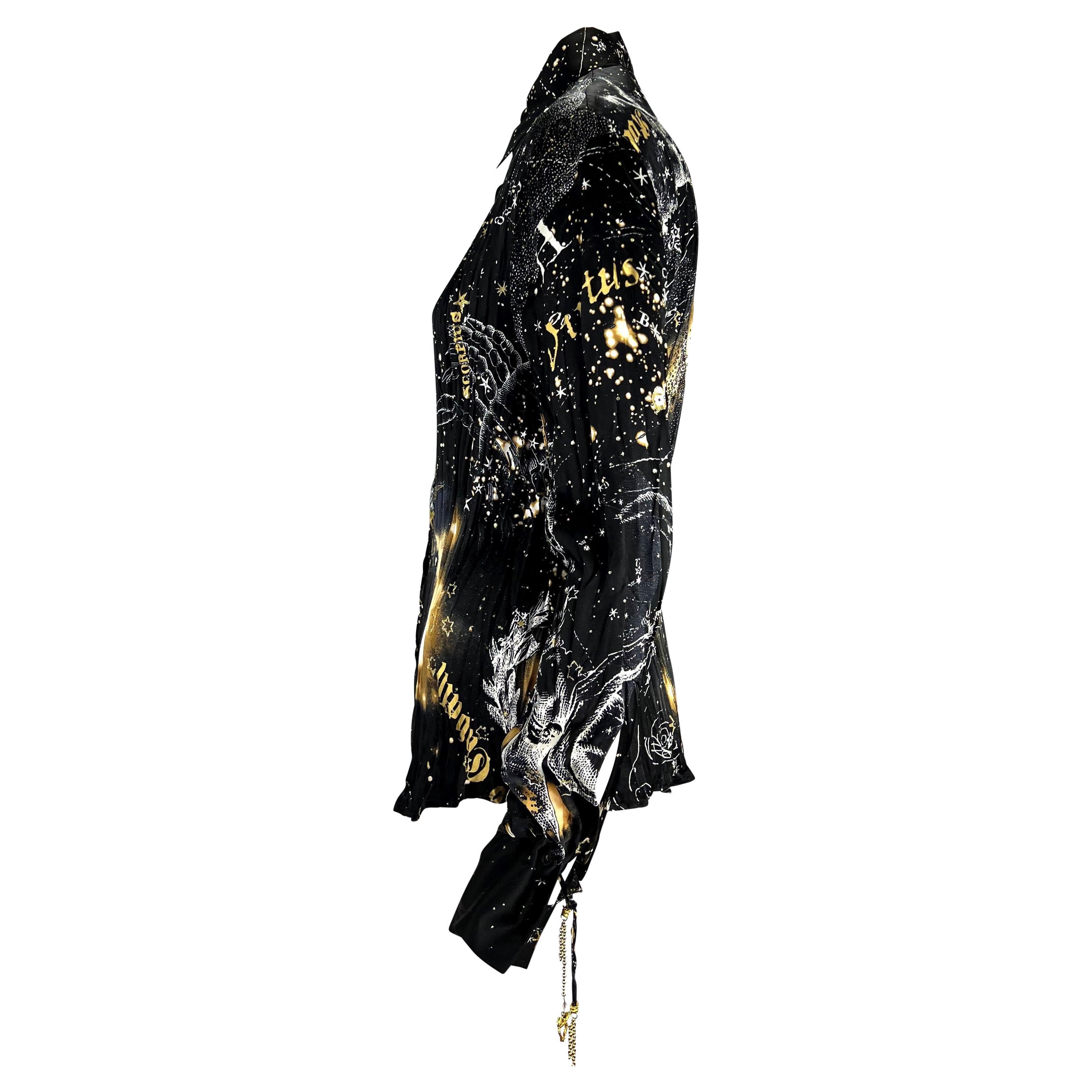 2003 Roberto Cavalli Astrology Charm Print Black Wrinkled Silk Blouse In Excellent Condition In West Hollywood, CA