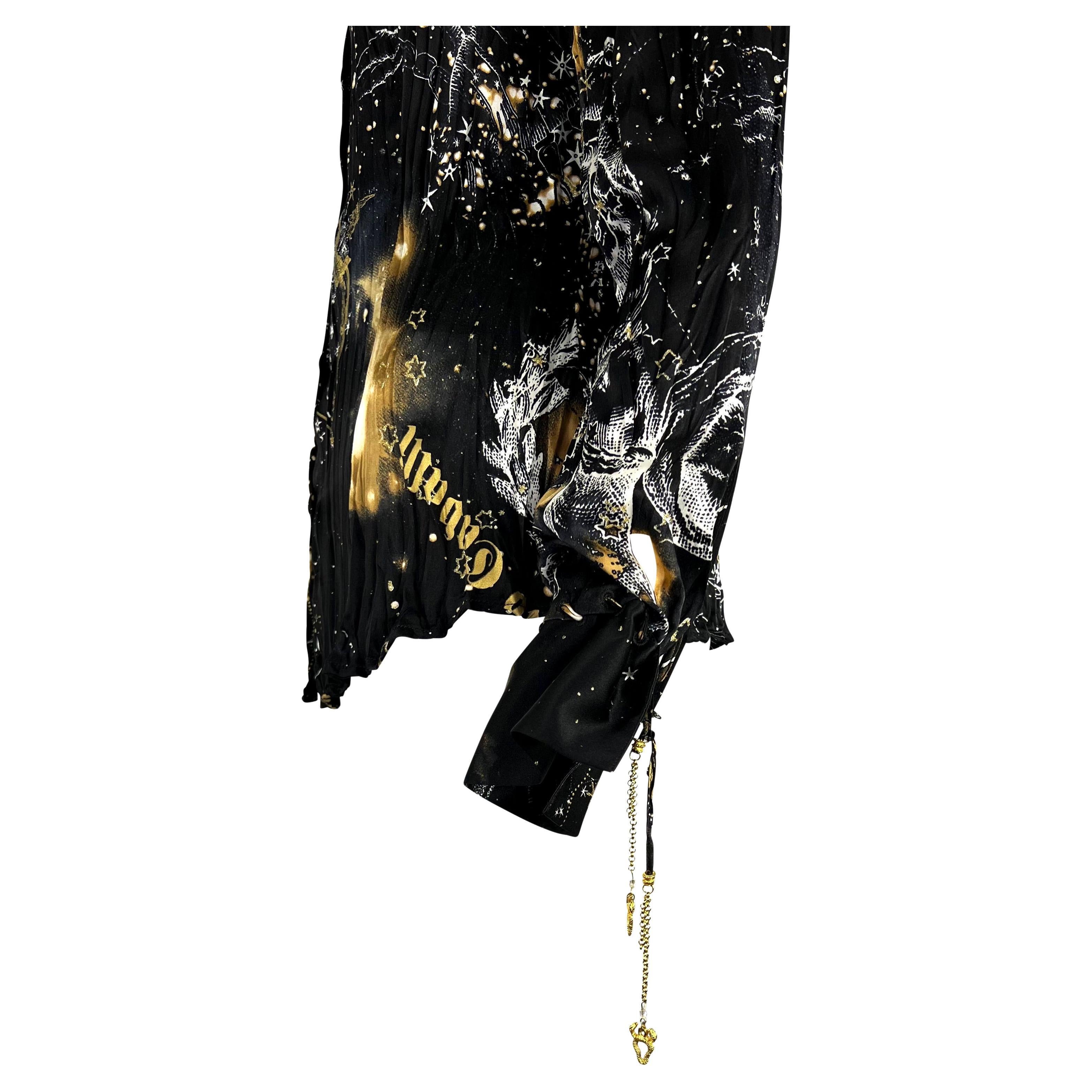 Women's 2003 Roberto Cavalli Astrology Charm Print Black Wrinkled Silk Blouse