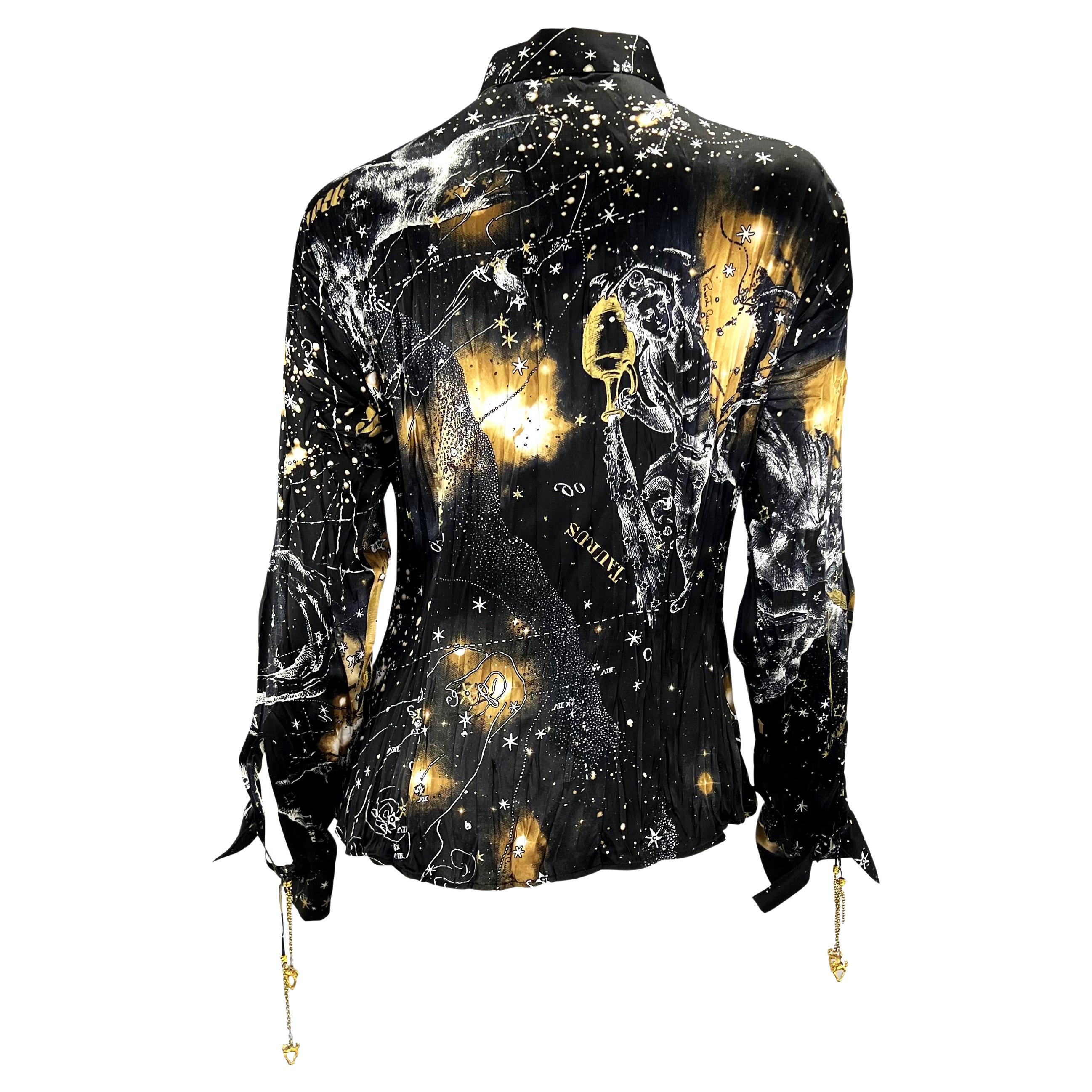 2003 Roberto Cavalli Astrology Charm Print Black Wrinkled Silk Blouse 1