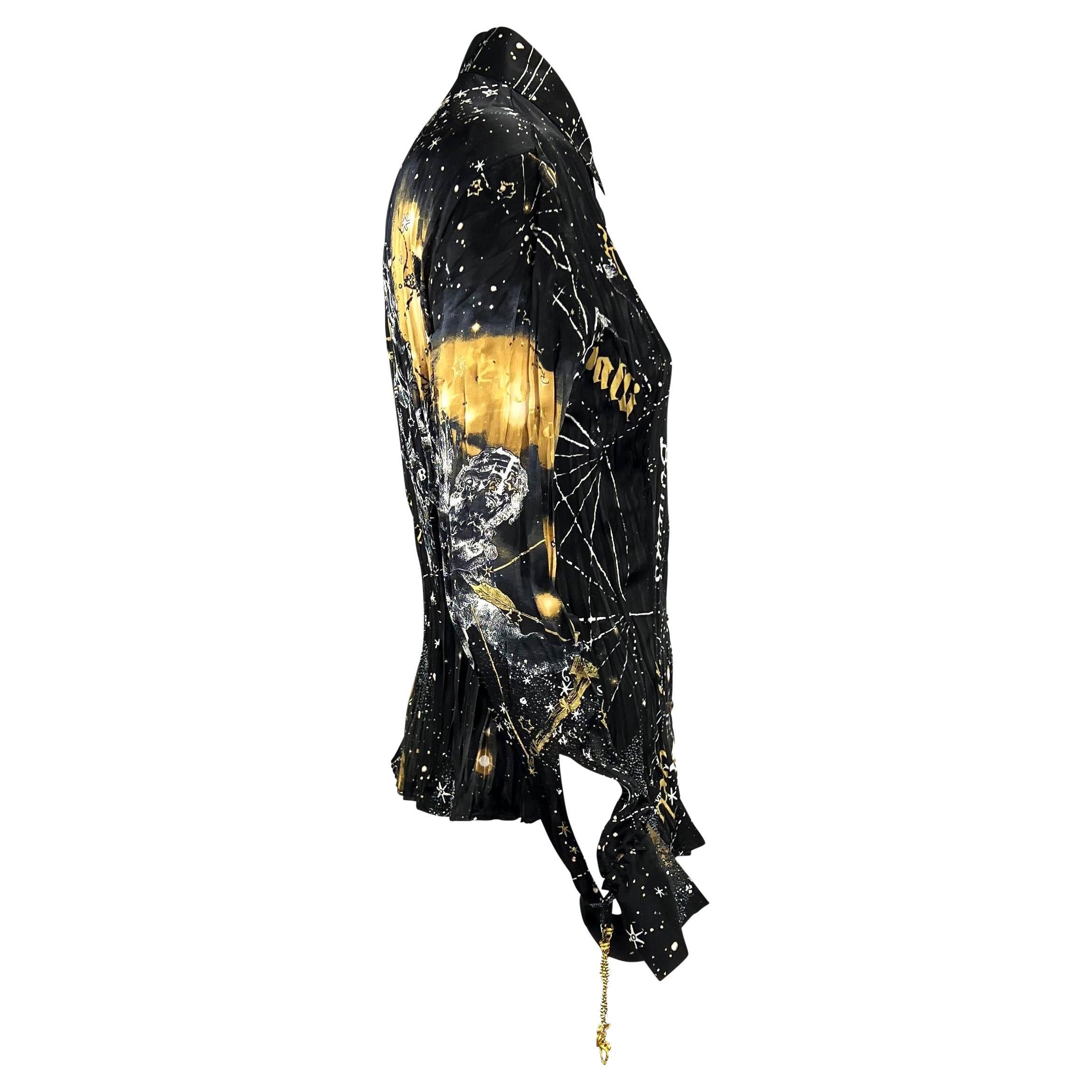 2003 Roberto Cavalli Astrology Charm Print Black Wrinkled Silk Blouse 2