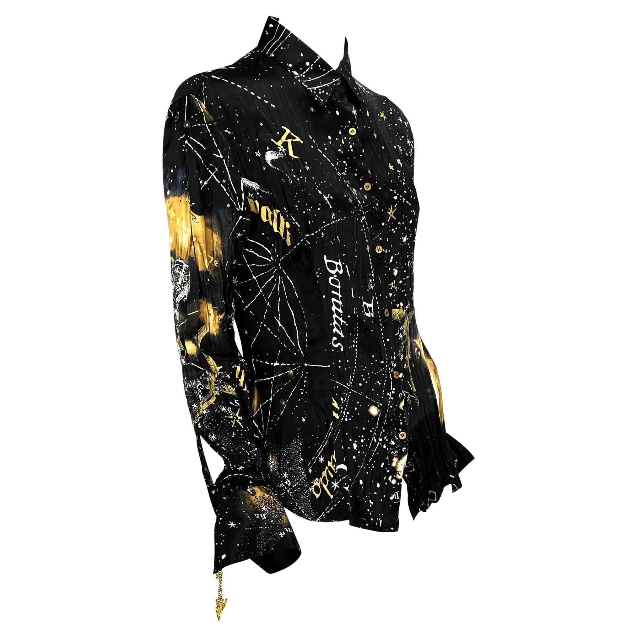 2003 Roberto Cavalli Astrology Charm Print Black Wrinkled Silk Blouse 3