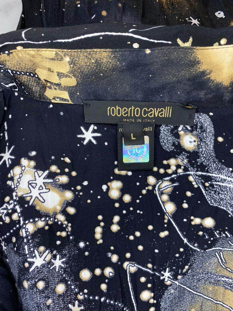 2003 Roberto Cavalli Astrology Charm Print Black Wrinkled Silk Blouse 4