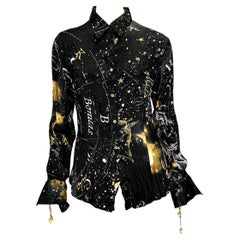 2003 Roberto Cavalli Astrology Charm Print Black Wrinkled Silk Blouse