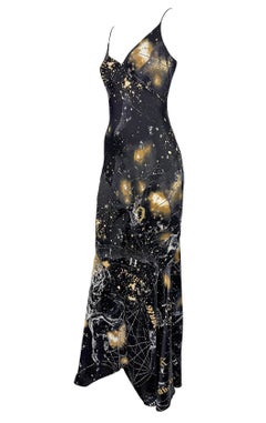 2003 Roberto Cavalli Astrology Logo Print Gold Glitter Silk Satin Evening Gown