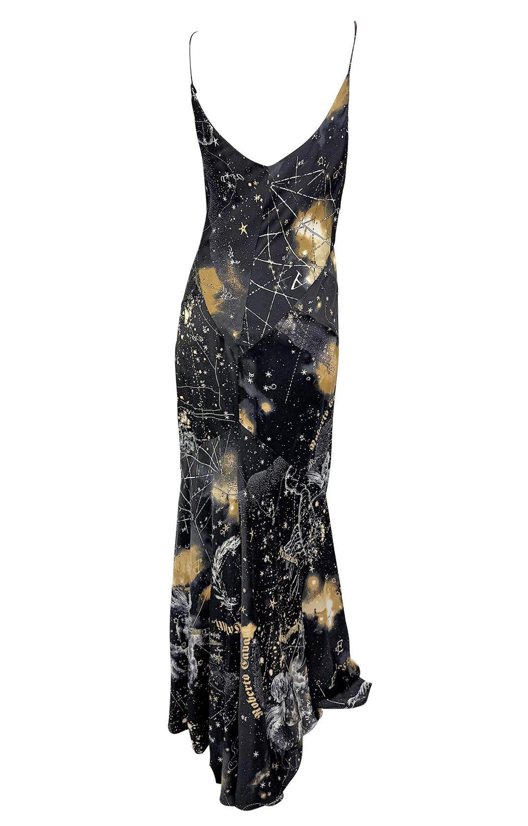 2003 Roberto Cavalli Astrology Logo Print Gold Glitter Silk Satin Evening Gown In Excellent Condition For Sale In West Hollywood, CA
