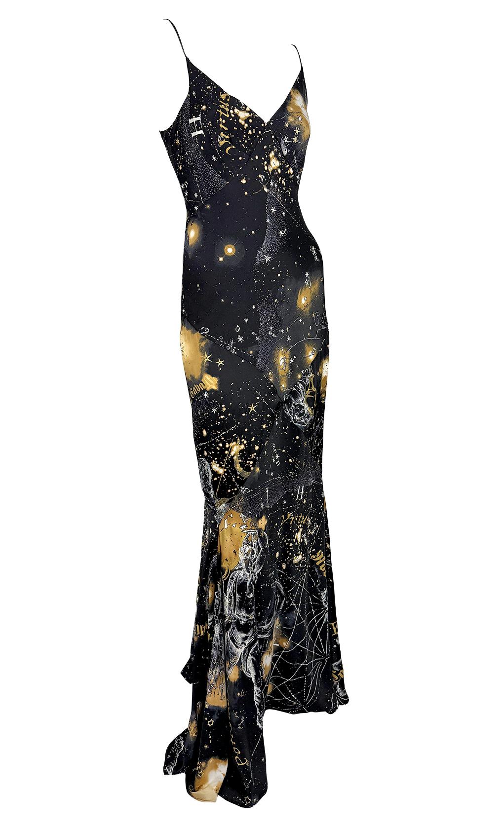2003 Roberto Cavalli Astrology Logo Print Gold Glitter Silk Satin Evening Gown For Sale 1