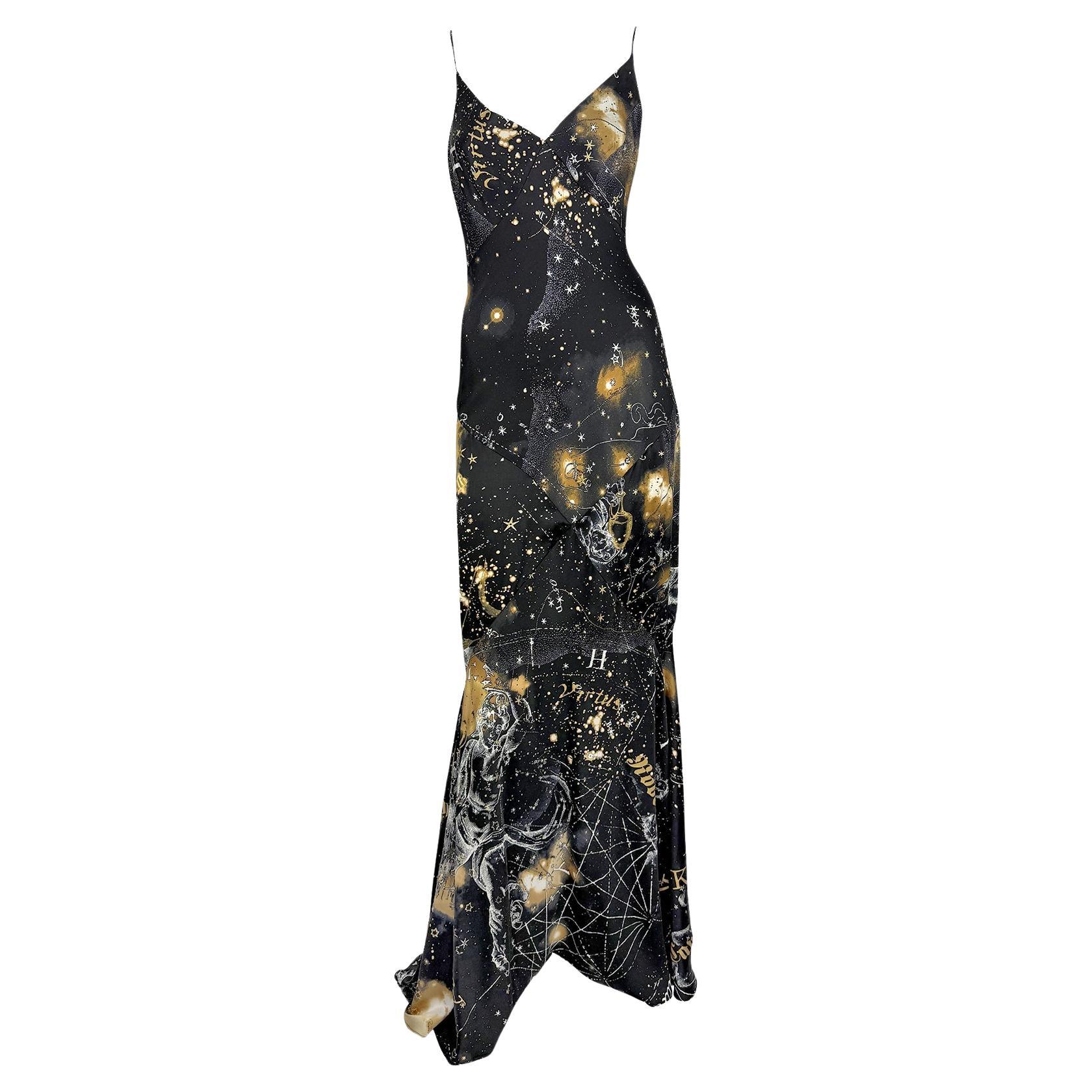 2003 Roberto Cavalli Astrology Logo Print Gold Glitter Silk Satin Evening Gown For Sale