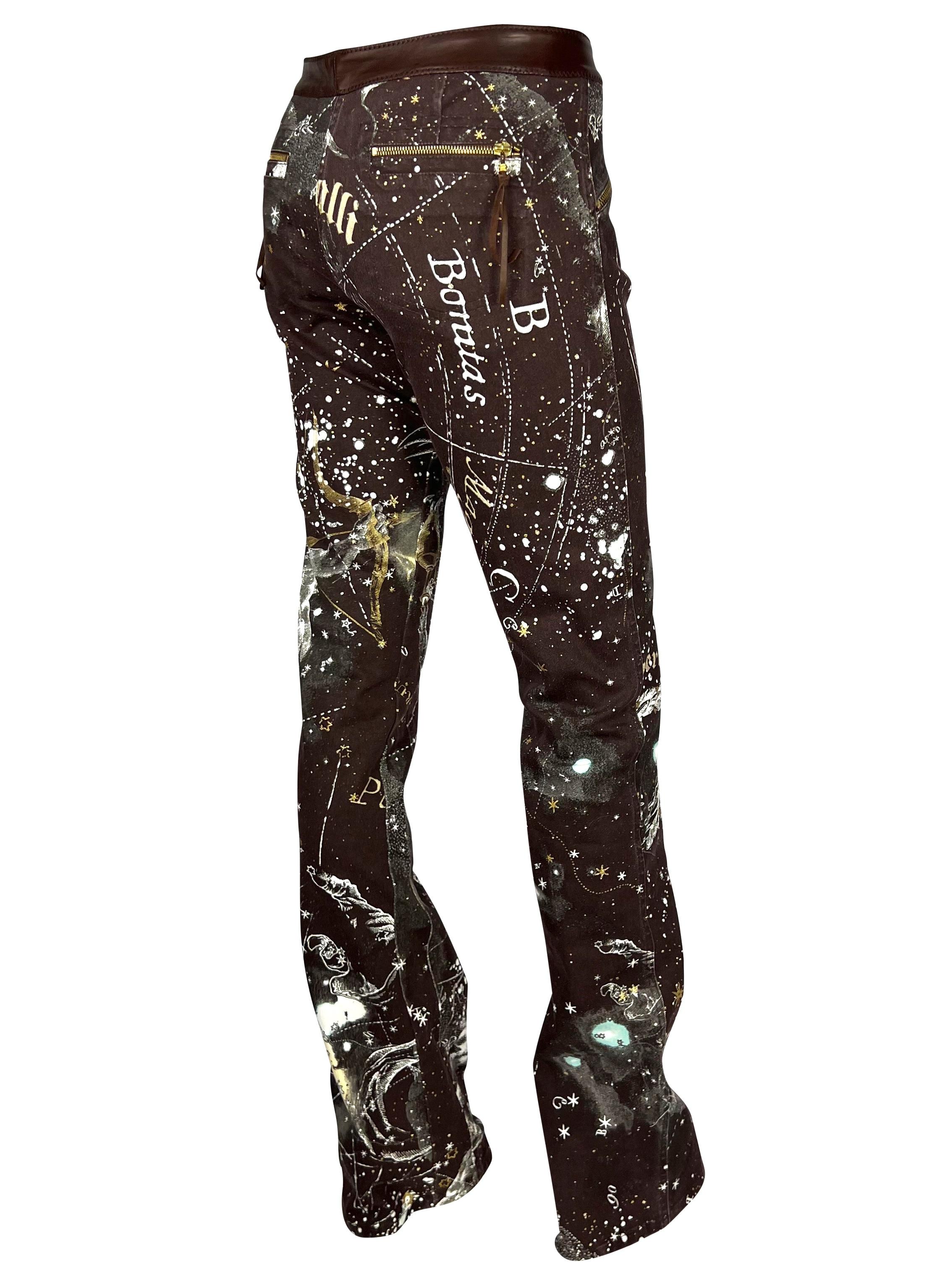 Black 2003 Roberto Cavalli Astrology Logo Print Leather Trimmed Horoscope Jeans Pants