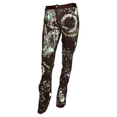 2003 Roberto Cavalli Astrology Logo Print Leather Trimmed Horoscope Jeans Pants