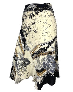 2003 Roberto Cavalli Astrology Logo Print White Stretch Flare Skirt