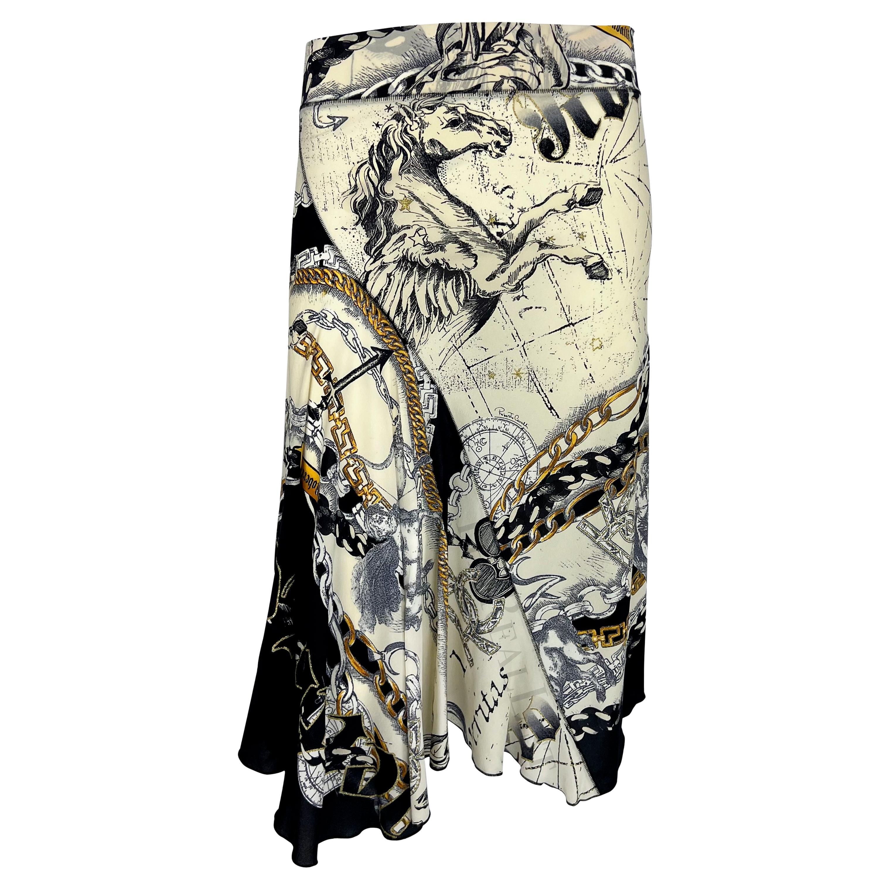 Presenting an incredible horoscope print Roberto Cavalli handkerchief flare skirt. From 2003, this sought-after print features constellations and depicts some of the horoscope signs. 

Approximate measurements:
Size - S
Waistband to hem: 27