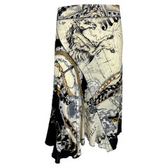 2003 Roberto Cavalli Astrology Logo Print White Stretch Flare Skirt
