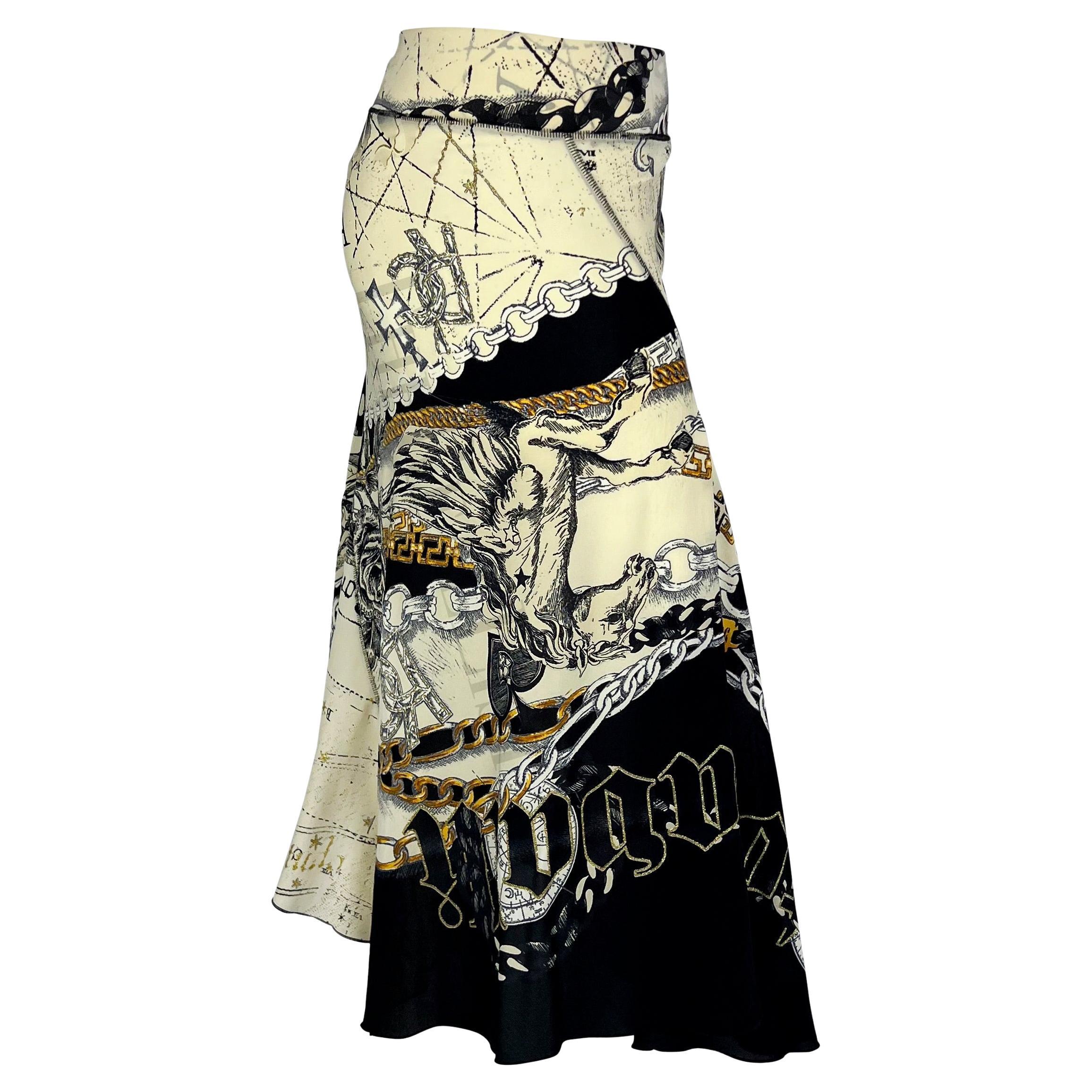 2003 Roberto Cavalli Astrology Logo Print White Stretch Flare Skirt In Excellent Condition For Sale In West Hollywood, CA