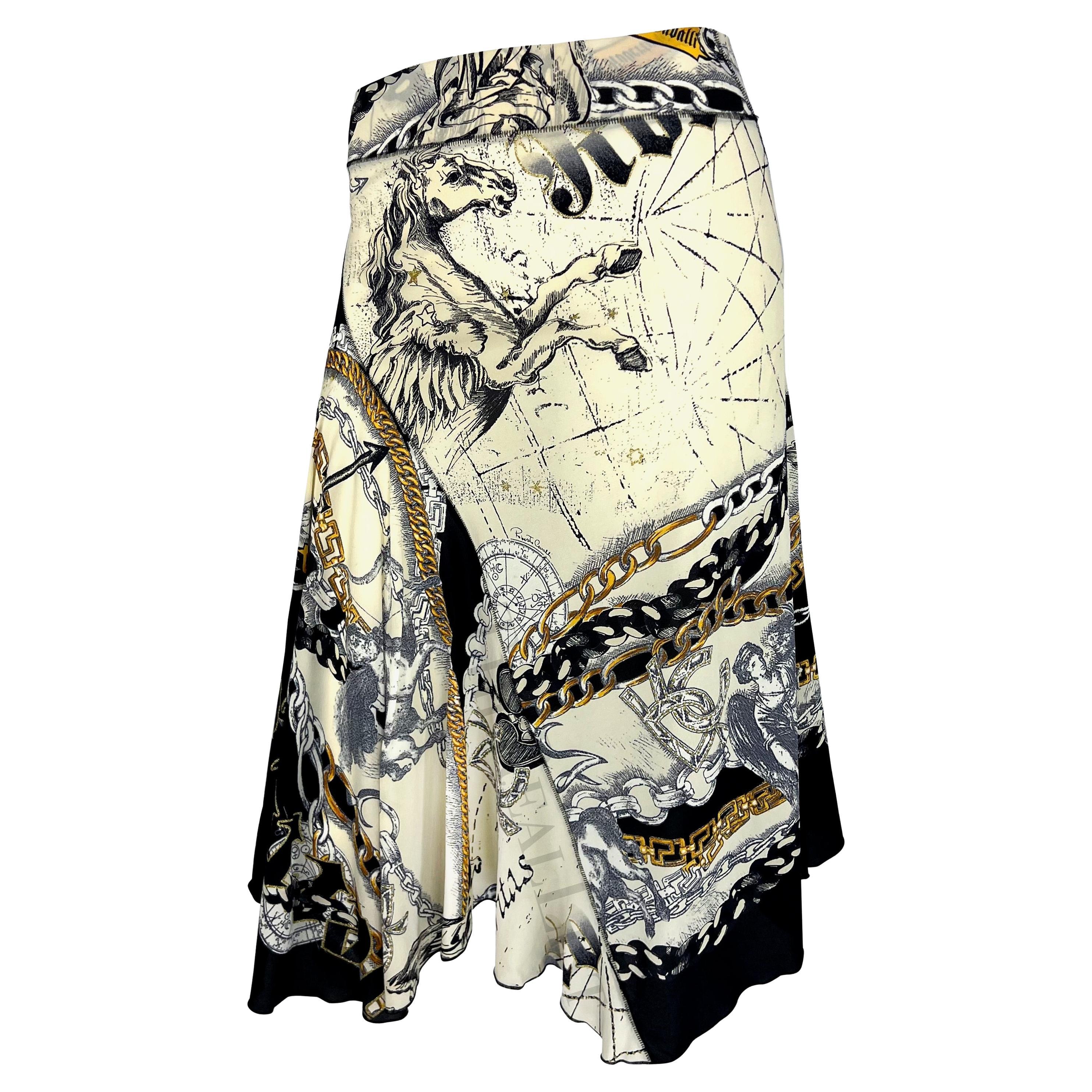2003 Roberto Cavalli Astrology Logo Print White Stretch Flare Skirt For Sale