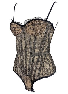 2003 Roberto Cavalli Beige Lace-Up Corset Bustier Bodysuit Black Lace Overlay