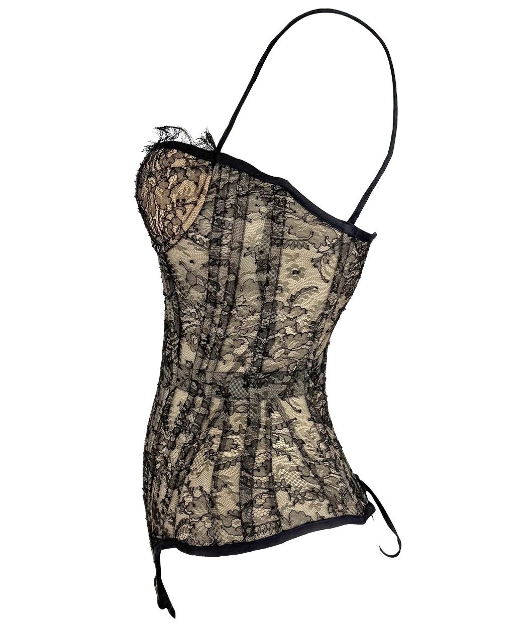 Grigio 2003 Roberto Cavalli Beige Lace-Up Corset Bustier Bodysuit Black Lace Overlay in vendita