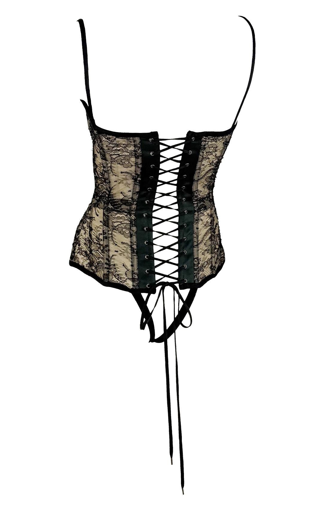 2003 Roberto Cavalli Beige Lace-Up Corset Bustier Bodysuit Black Lace Overlay In condizioni ottime in vendita a West Hollywood, CA