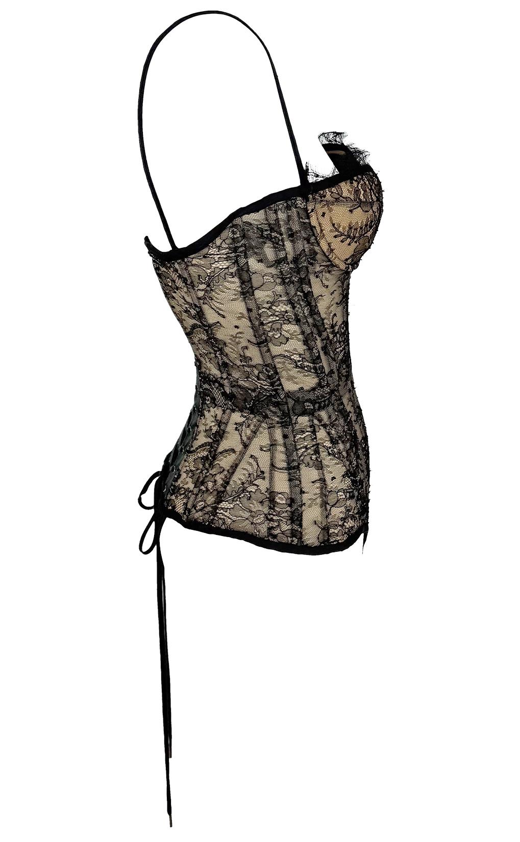 Donna 2003 Roberto Cavalli Beige Lace-Up Corset Bustier Bodysuit Black Lace Overlay in vendita