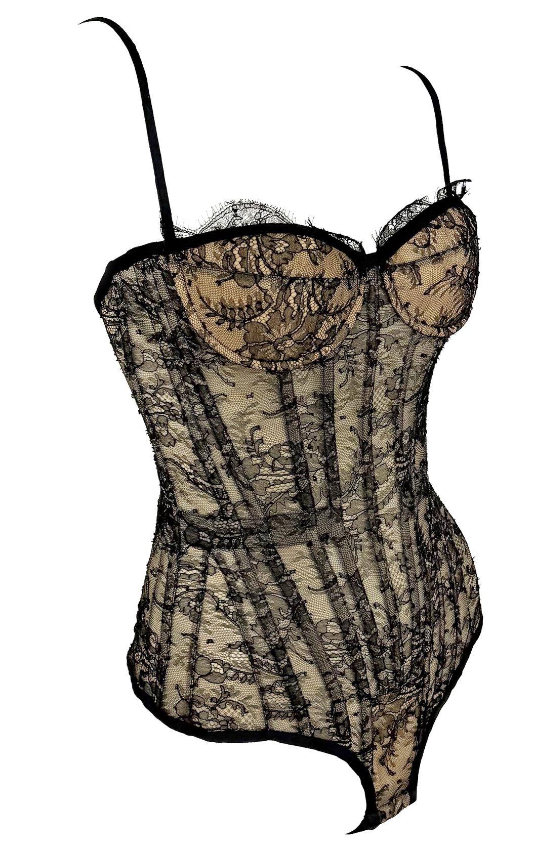 2003 Roberto Cavalli Beige Lace-Up Corset Bustier Bodysuit Black Lace Overlay in vendita 1