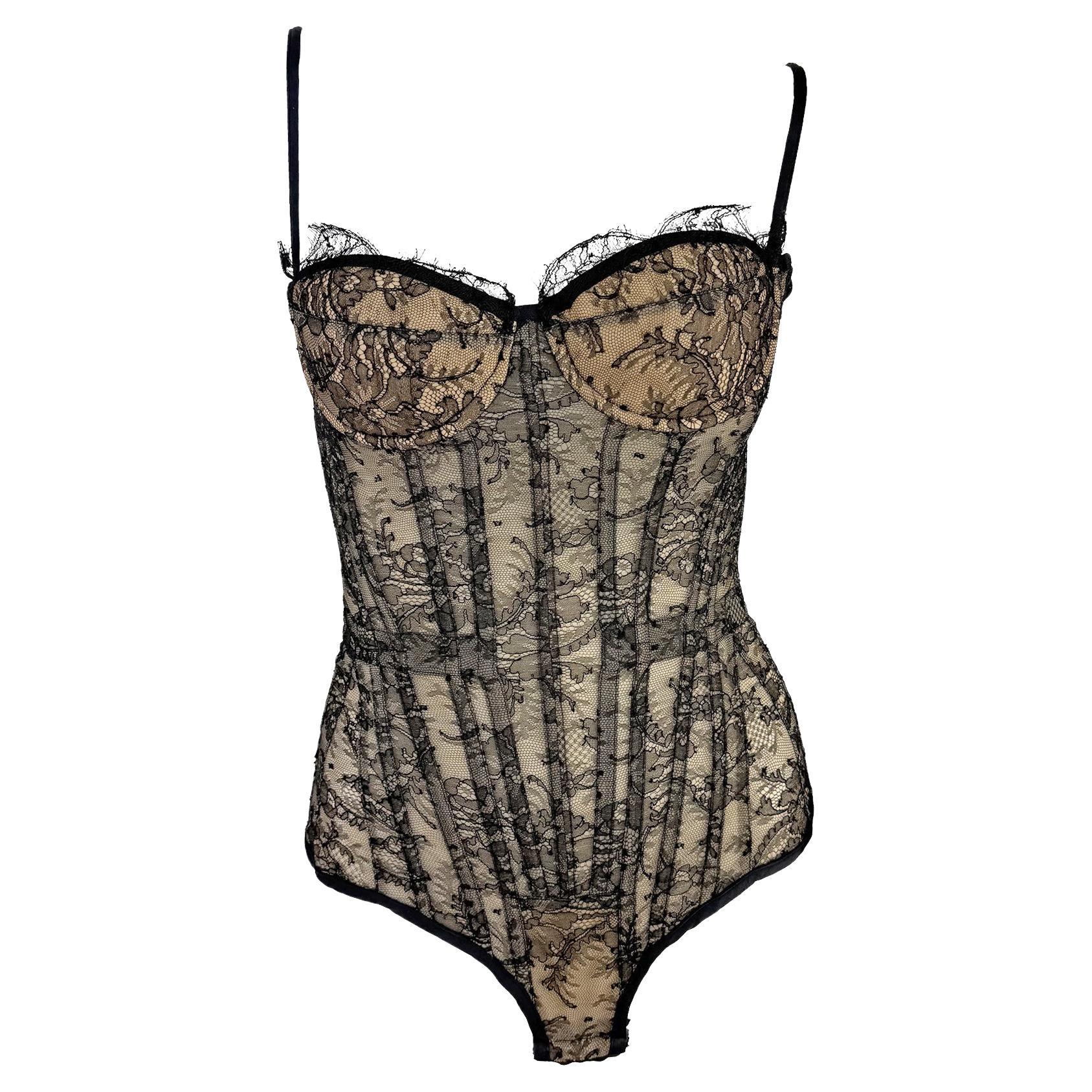 2003 Roberto Cavalli Beige Lace-Up Corset Bustier Bodysuit Black Lace Overlay in vendita