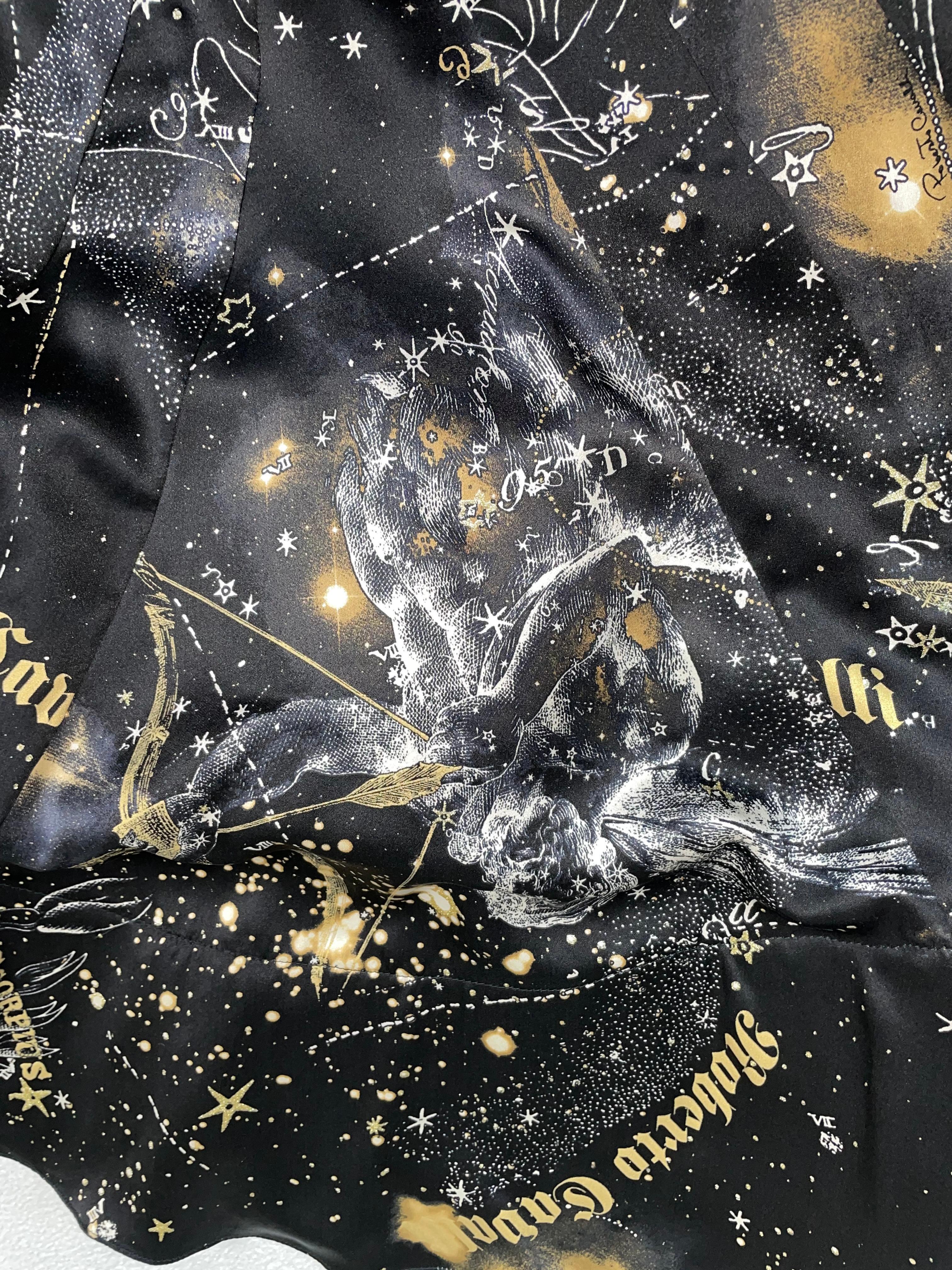 Women's 2003 Roberto Cavalli Black Silk Constellation Zodiac Gold Chain Mermaid Gown Dre