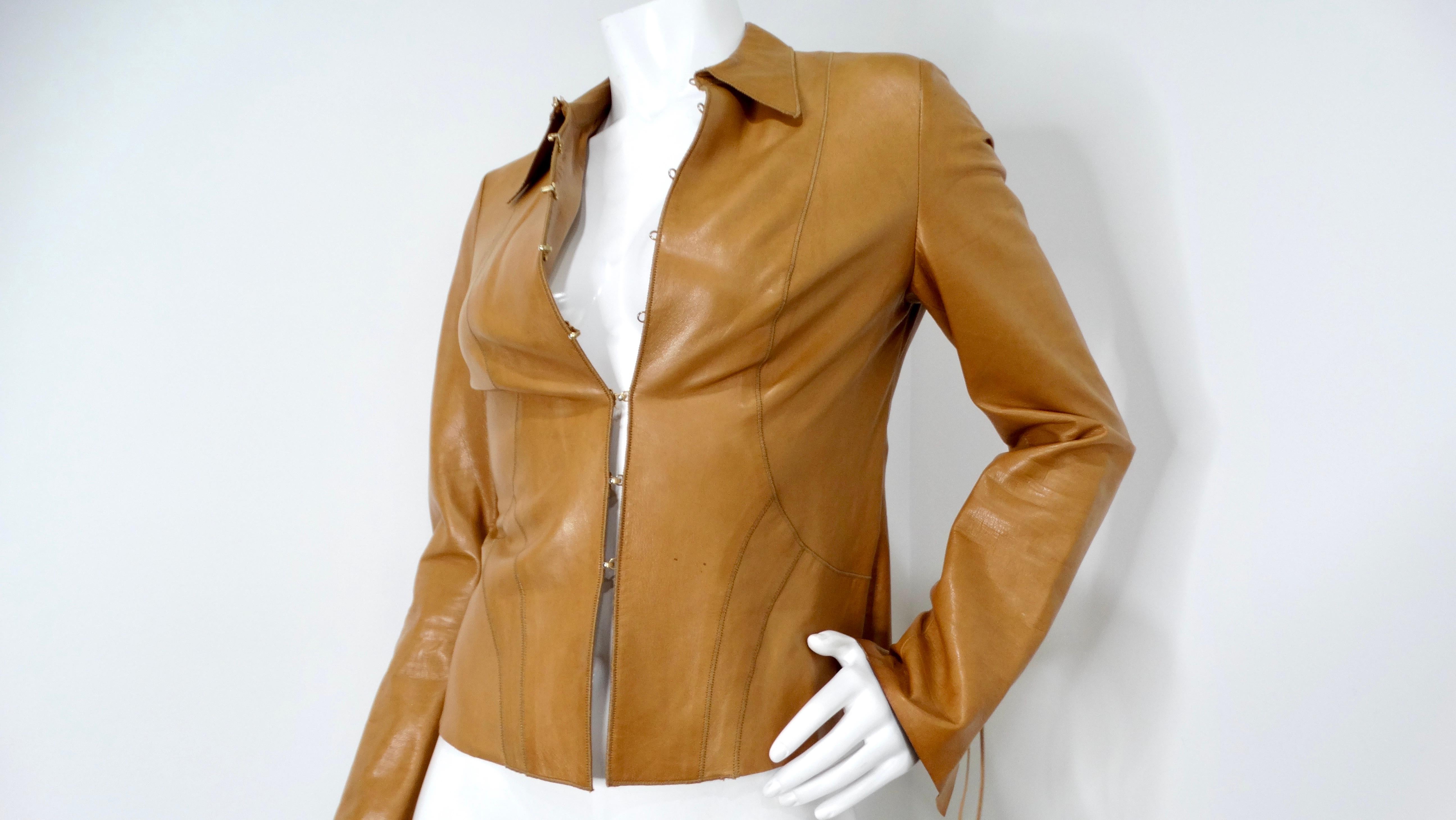 2003 Roberto Cavalli Brown Leather Jacket With Hand-Painted Butterfly Motif In Good Condition For Sale In Scottsdale, AZ