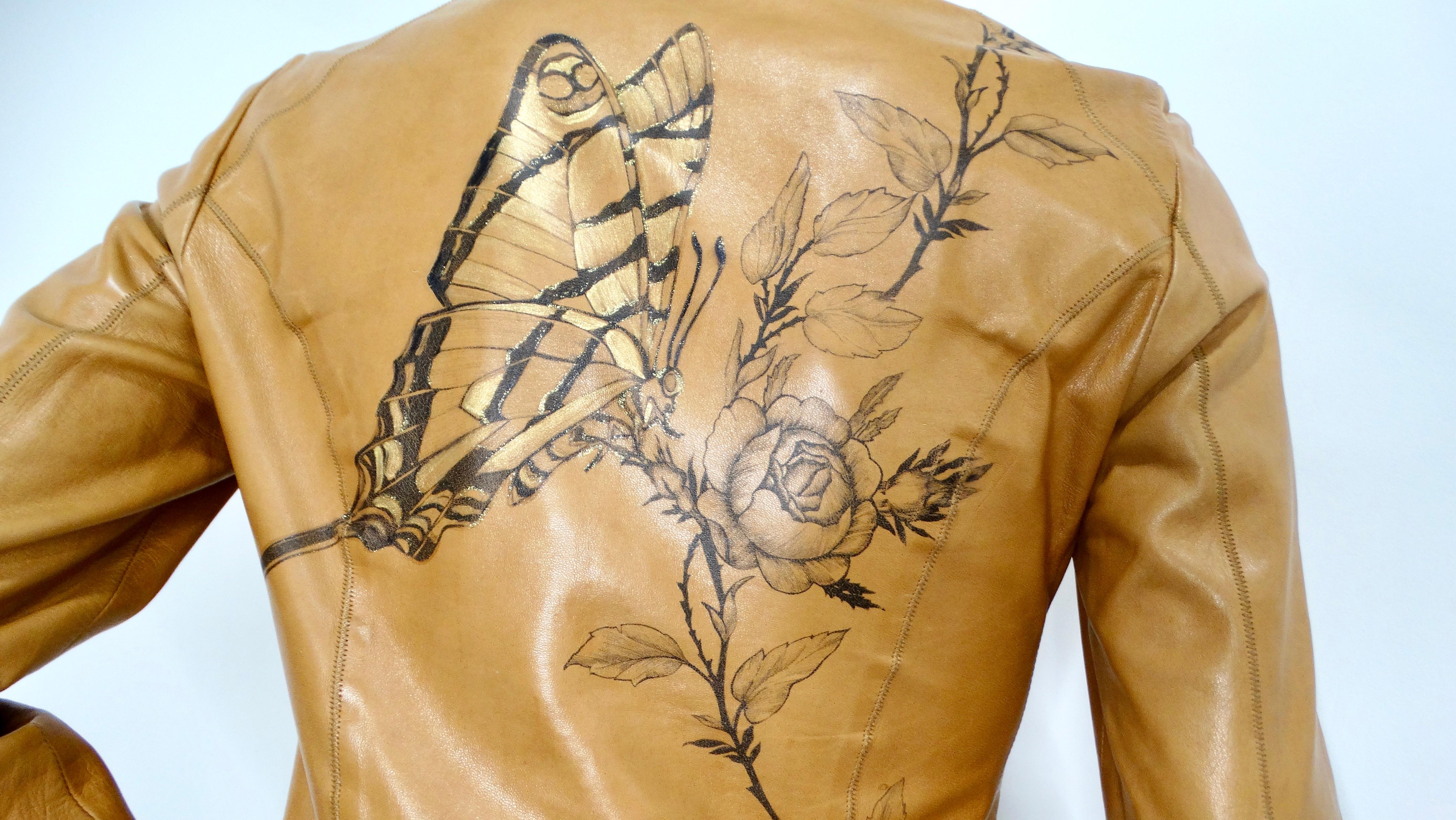 2003 Roberto Cavalli Brown Leather Jacket With Hand-Painted Butterfly Motif For Sale 5