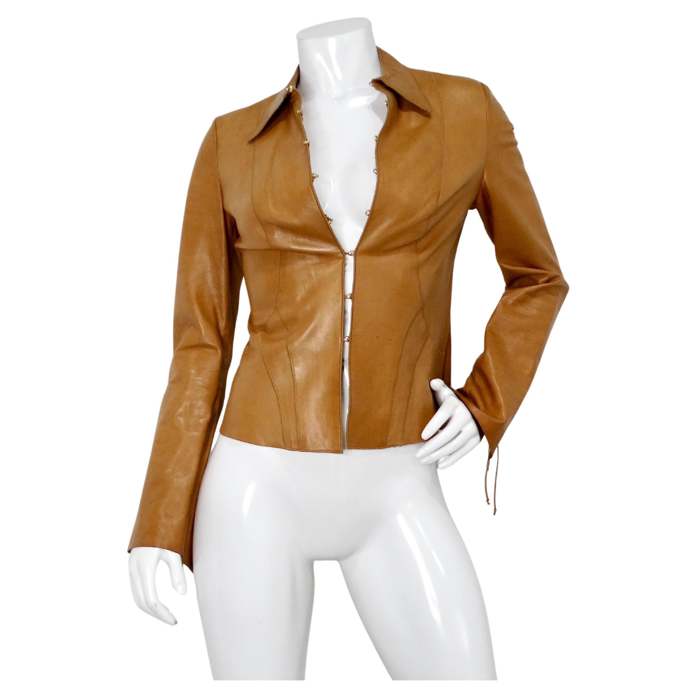 2003 Roberto Cavalli Brown Leather Jacket With Hand-Painted Butterfly Motif For Sale