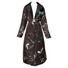 2003 Roberto Cavalli Brown Silk Zodiac Astrology Long Puffer Coat Reversible