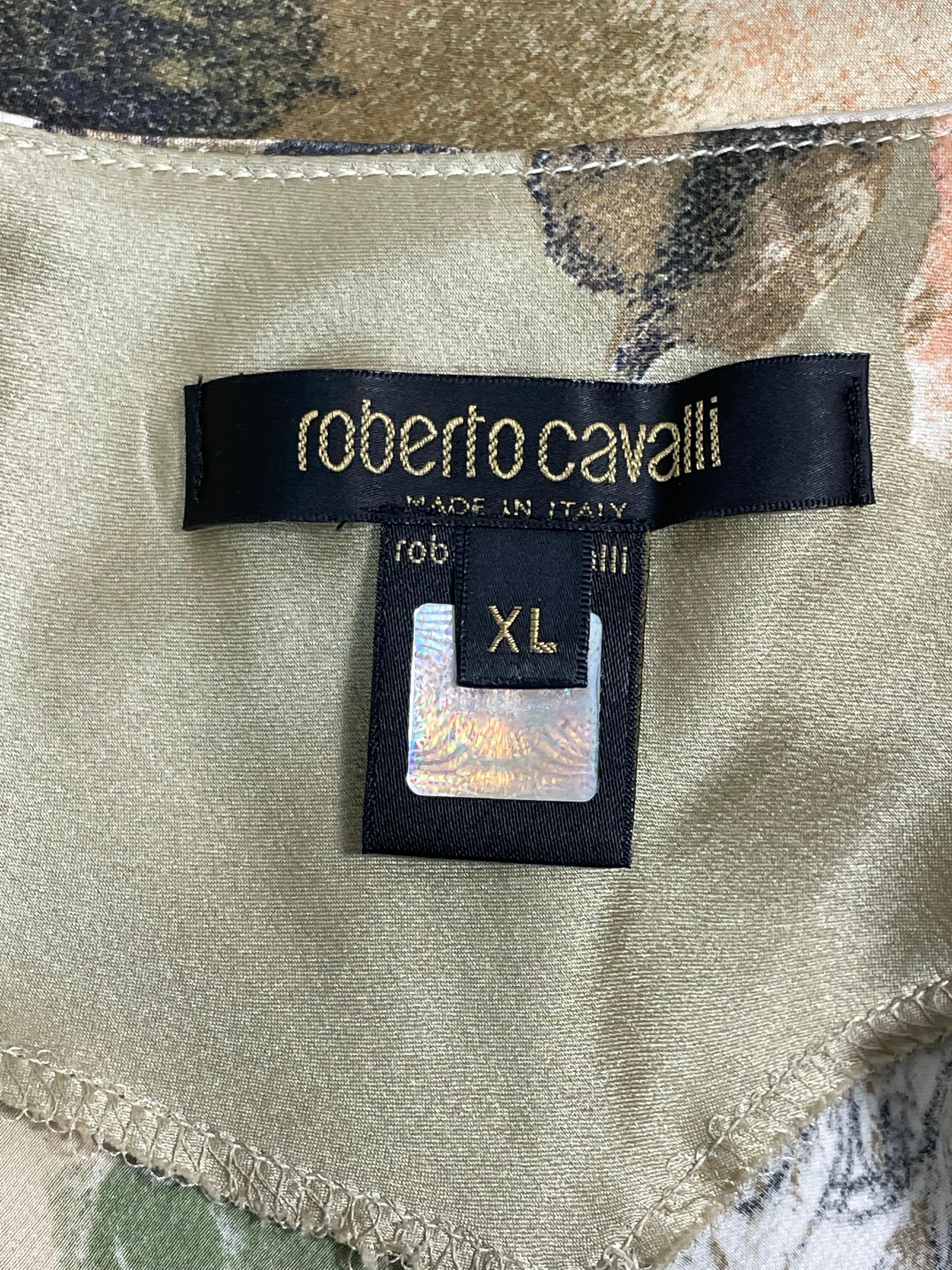2003 Roberto Cavalli Gold Silk Plunging Roses Zodiac Chain Maxi Dress 1