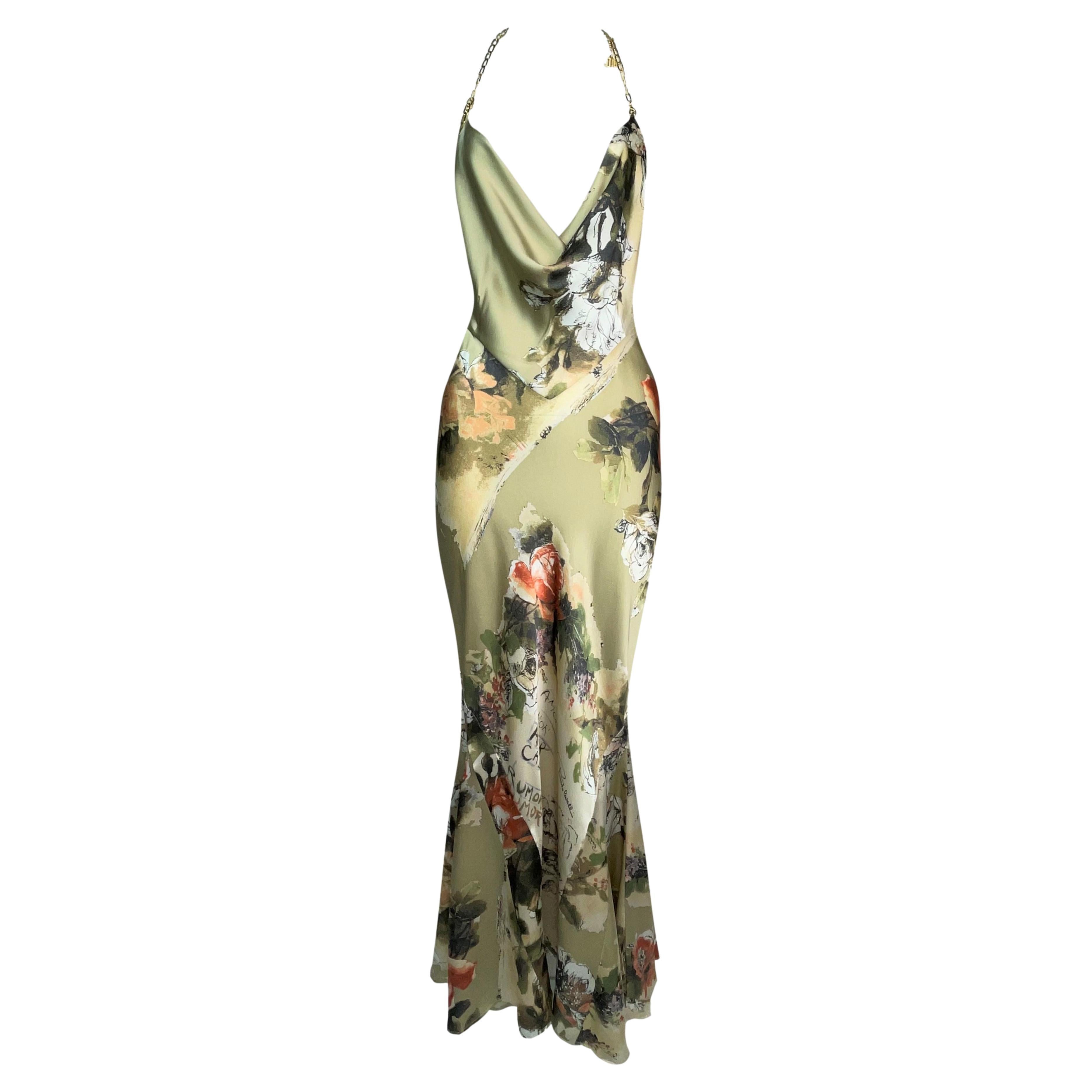 2003 Roberto Cavalli Gold Silk Plunging Roses Zodiac Chain Maxi Dress