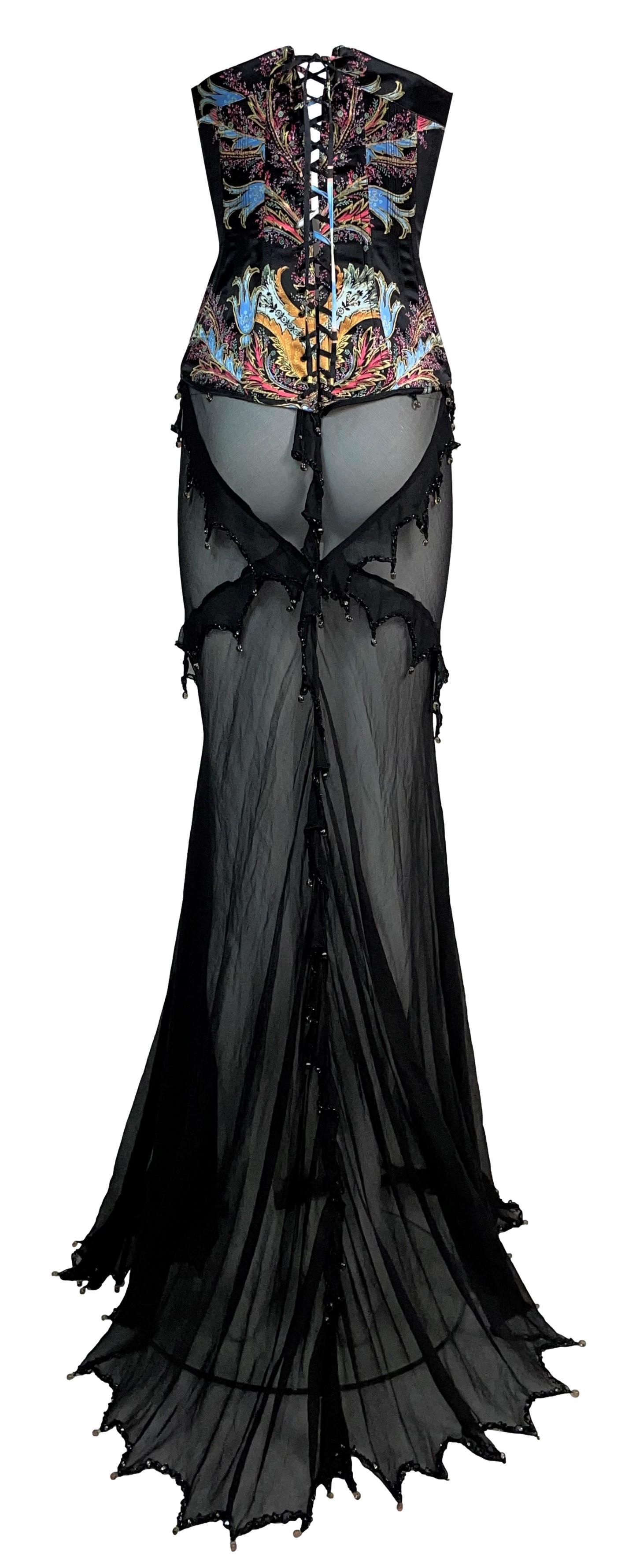2003 Roberto Cavalli Gypsy Satin Bustier & Sheer Black Embellished Maxi Skirt Se In Good Condition In Yukon, OK