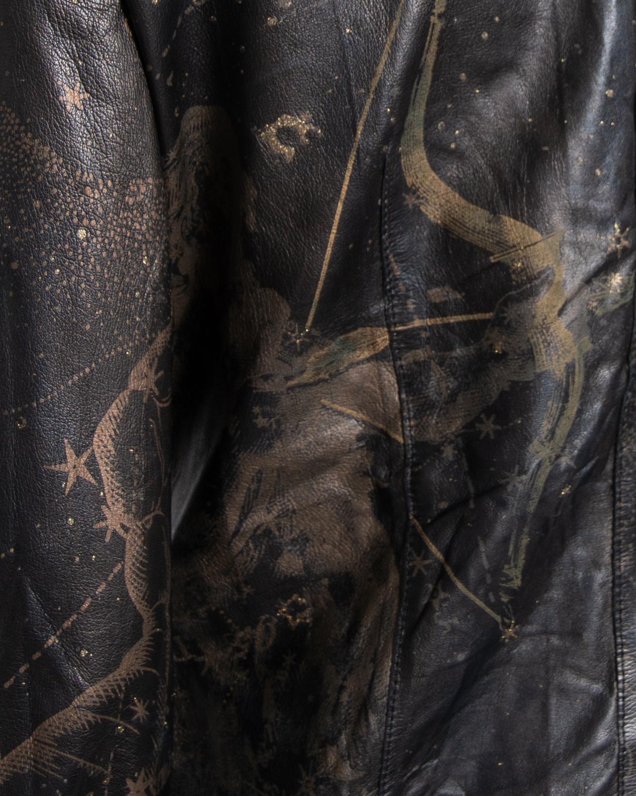 Black 2003 Roberto Cavalli Leather Gold Astrology Print Hook Closure Top For Sale