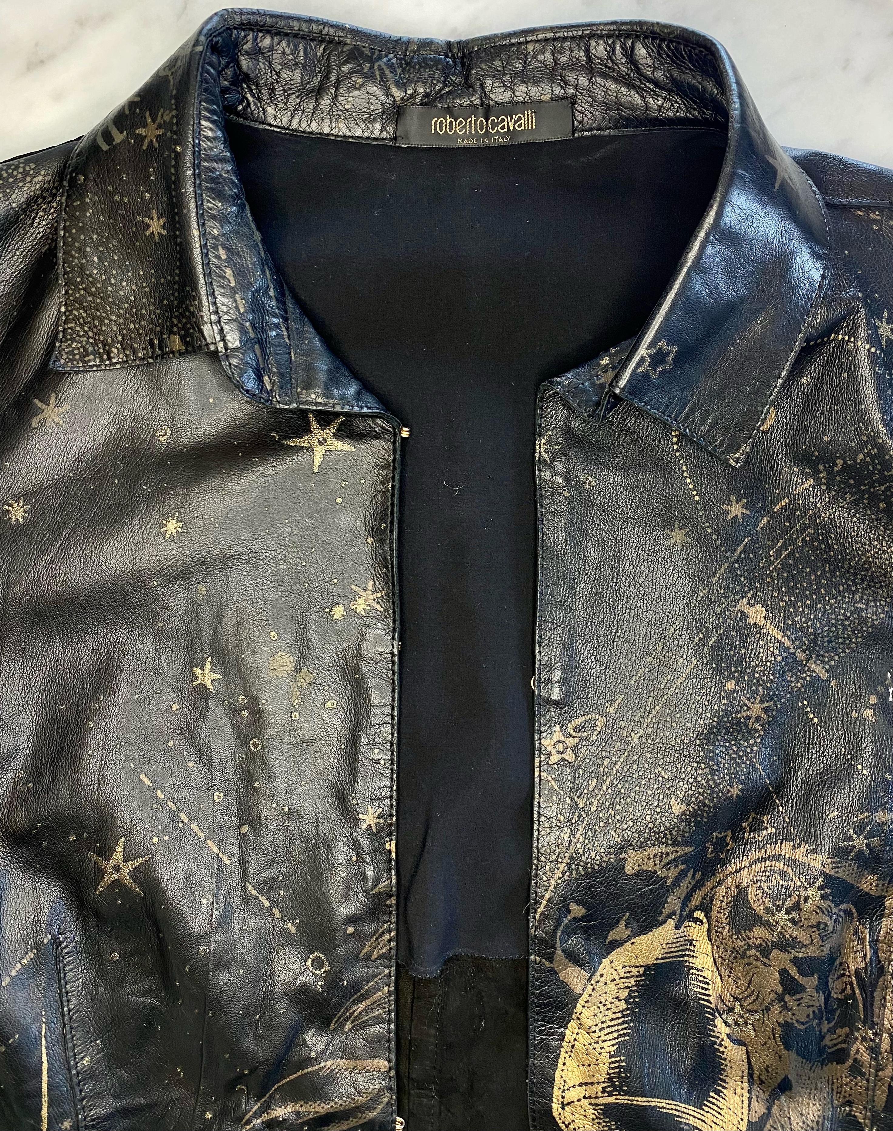 2003 Roberto Cavalli Leather Gold Astrology Print Hook Closure Top  en vente 2