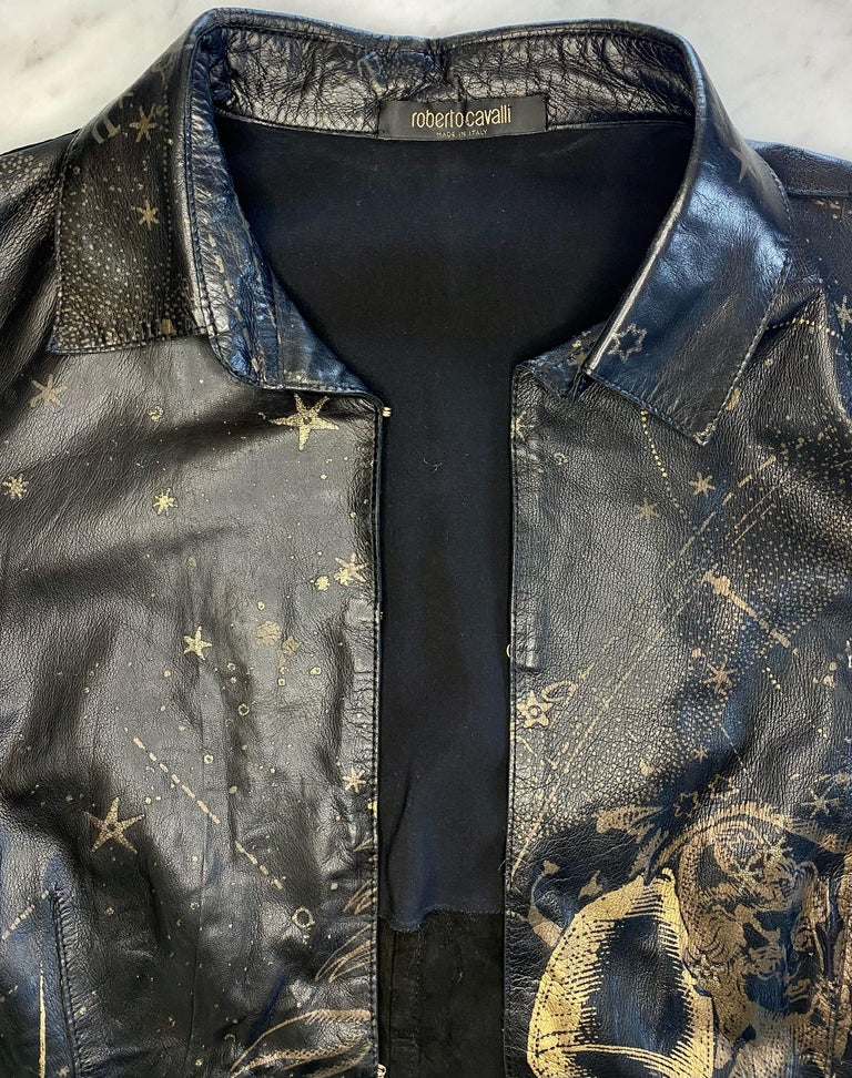 2003 Roberto Cavalli Leather Gold Astrology Print Hook Closure Top  For Sale 2