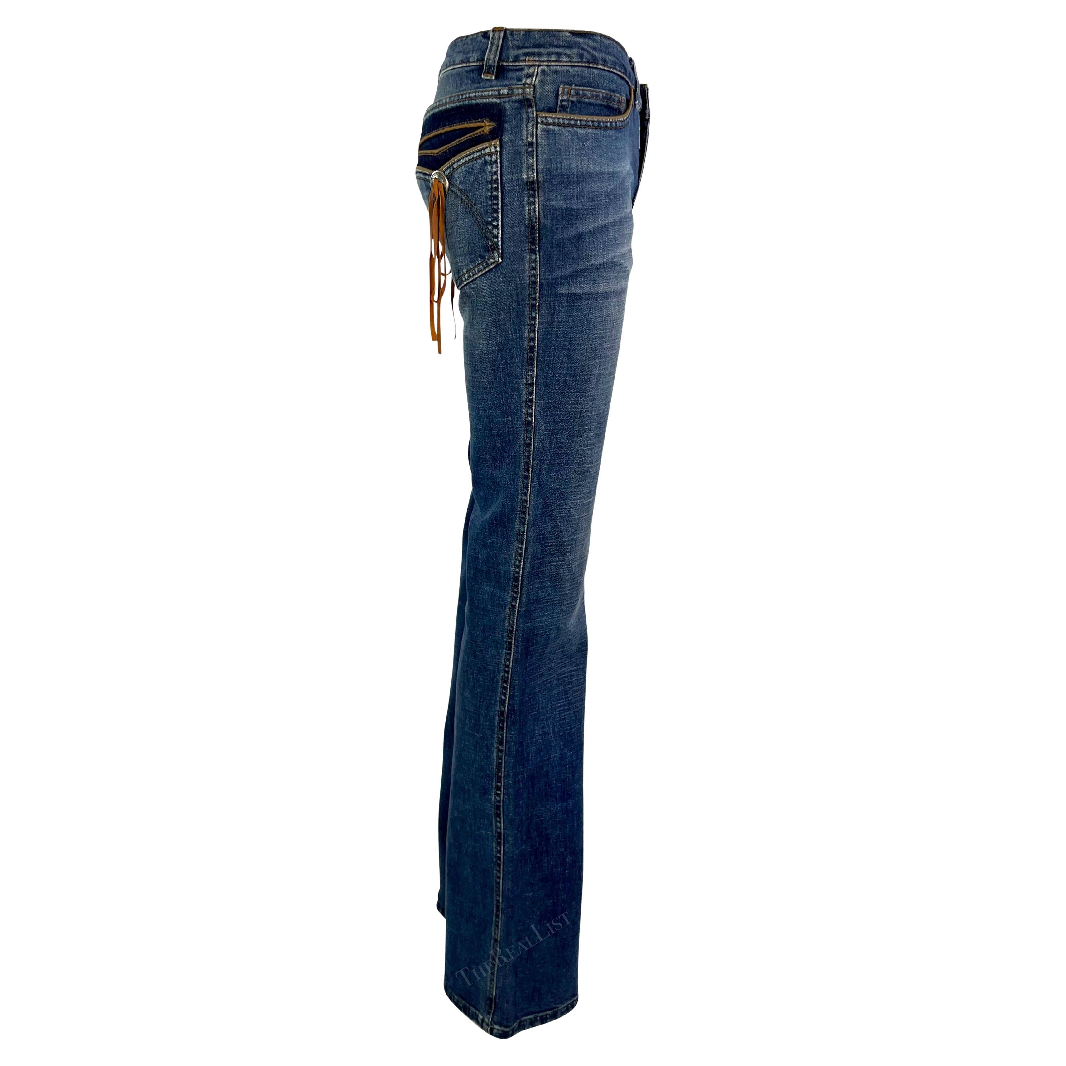 2003 Roberto Cavalli Light Wash Western-Style Leather Accent Jeans In Good Condition For Sale In West Hollywood, CA