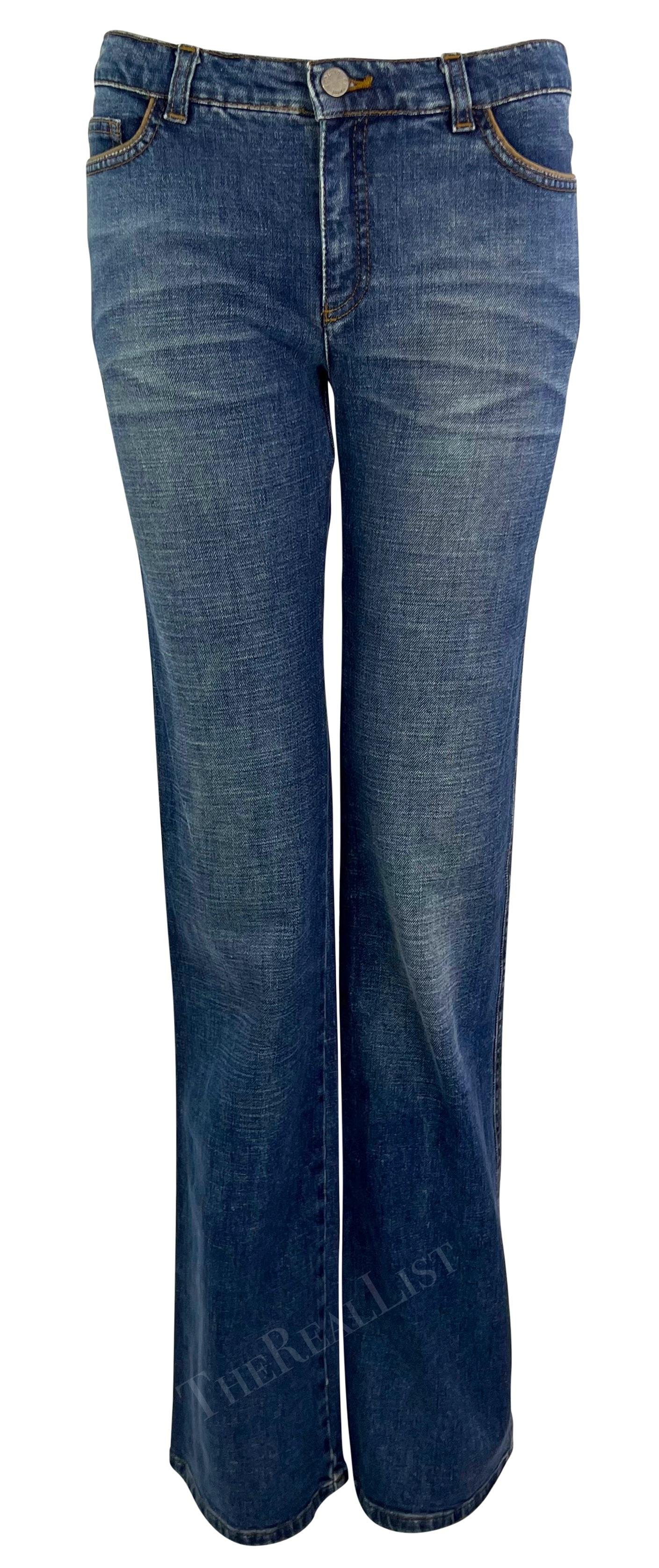2003 Roberto Cavalli Light Wash Western-Style Leather Accent Jeans For Sale 1