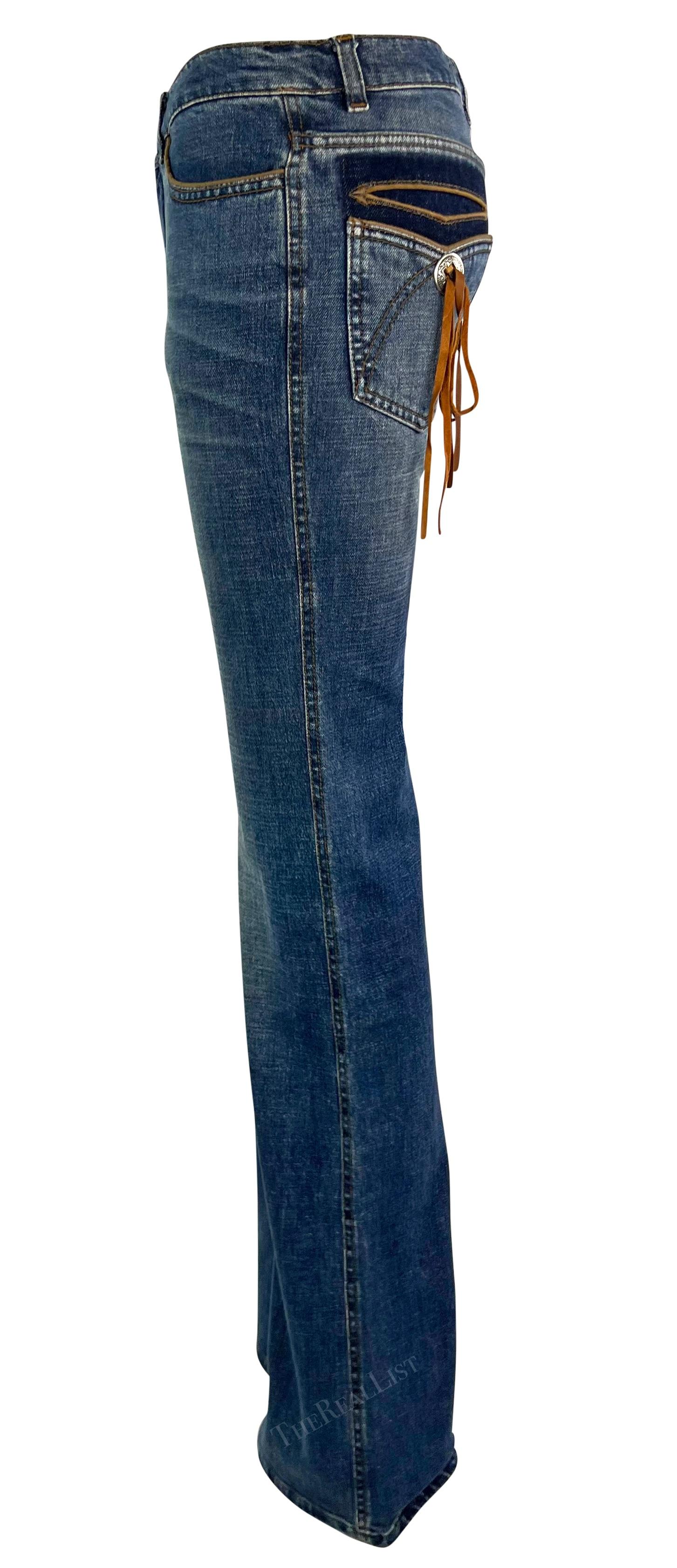 2003 Roberto Cavalli Light Wash Western-Style Leather Accent Jeans 2