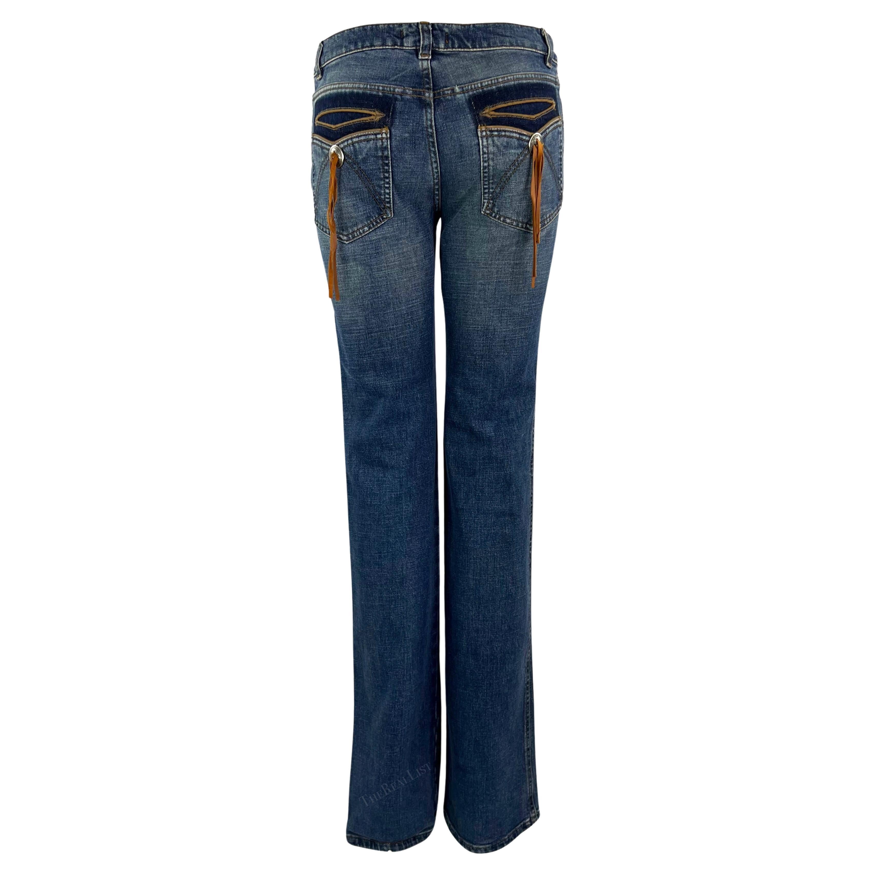 2003 Roberto Cavalli Light Wash Western-Style Leather Accent Jeans For Sale