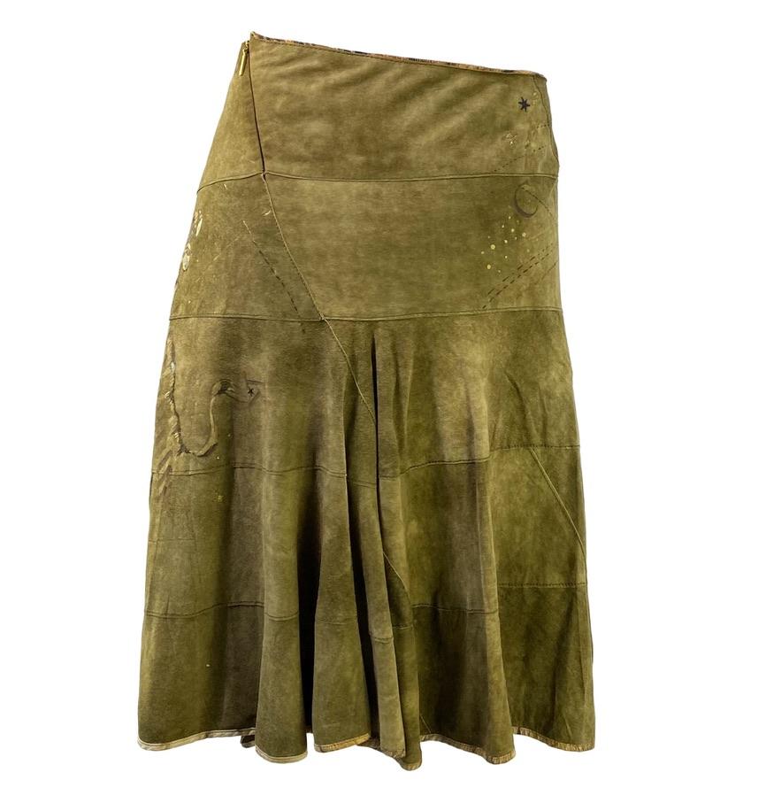 Brown 2003 Roberto Cavalli Olive Suede Leather Astrology Logo Skirt For Sale