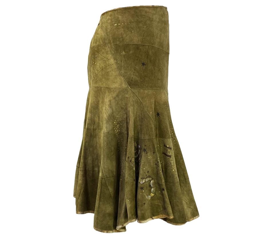 2003 Roberto Cavalli Olive Suede Leather Astrology Logo Skirt In Excellent Condition For Sale In West Hollywood, CA