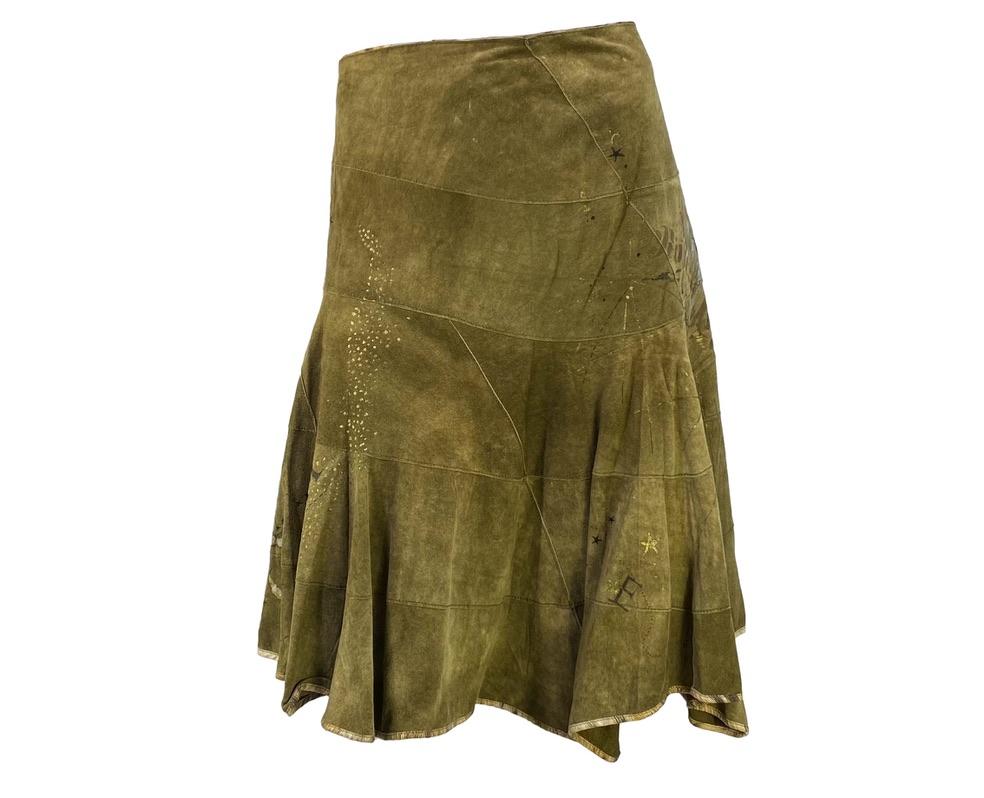 Women's 2003 Roberto Cavalli Olive Suede Leather Astrology Logo Skirt For Sale