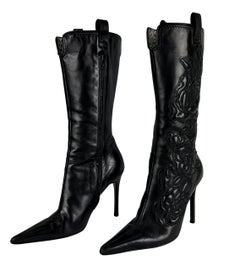 2003 Roberto Cavalli Rose Embroidered Black Leather Heeled Boots 37 IT