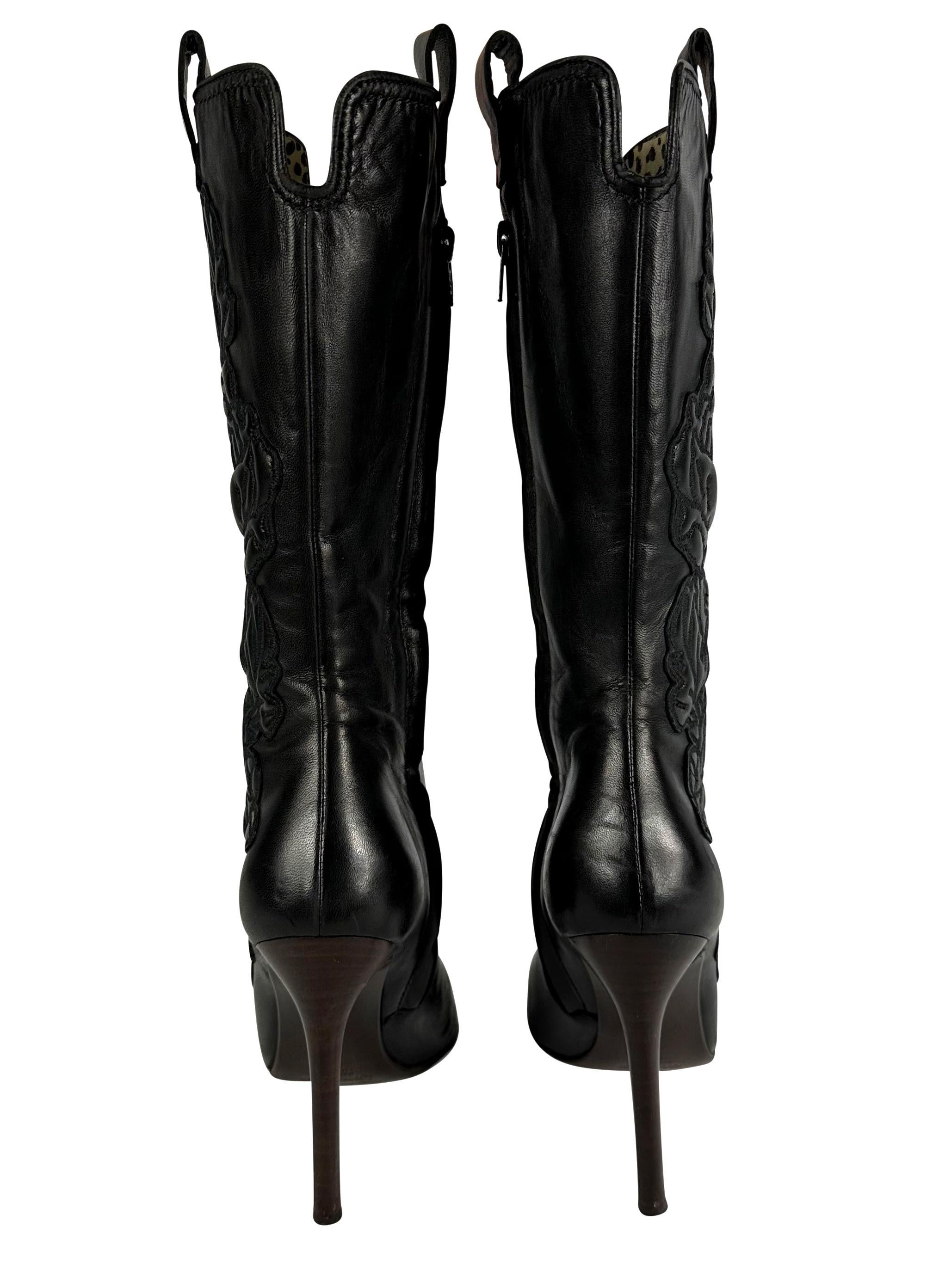 Women's 2003 Roberto Cavalli Rose Embroidered Black Leather Heeled Boots 37 IT 