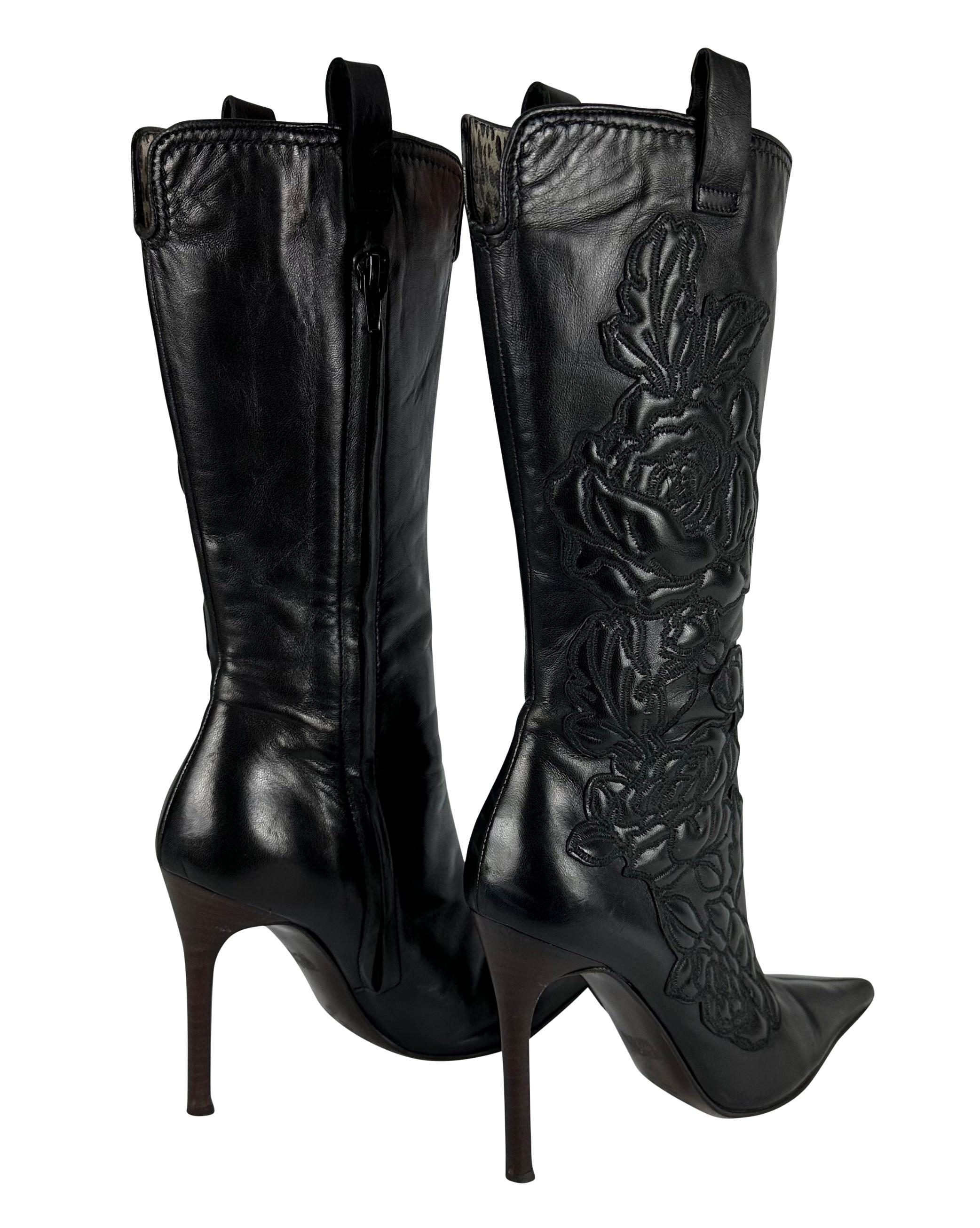 2003 Roberto Cavalli Rose Embroidered Black Leather Heeled Boots 37 IT  1