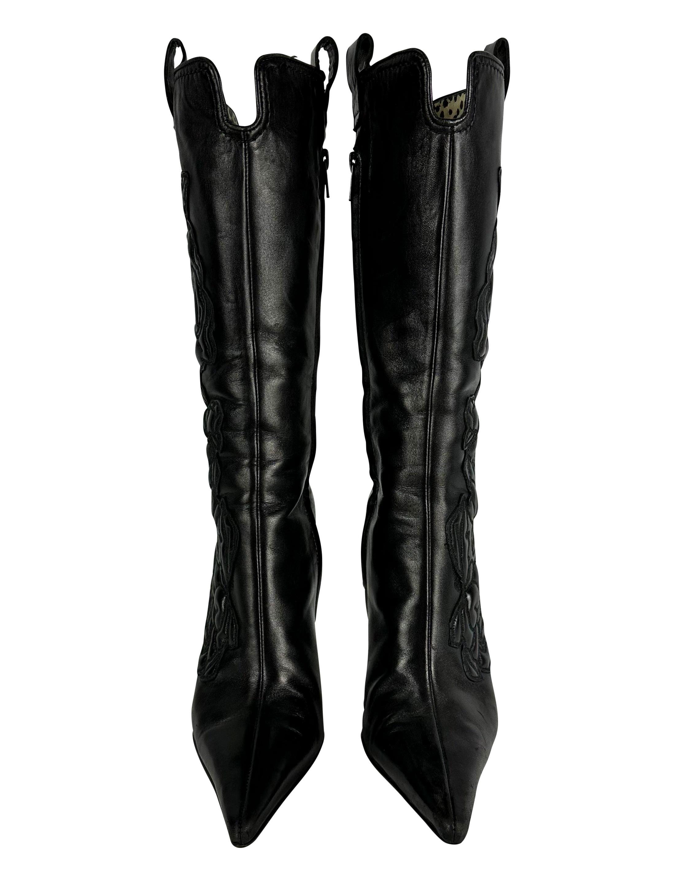 2003 Roberto Cavalli Rose Embroidered Black Leather Heeled Boots 37 IT  2